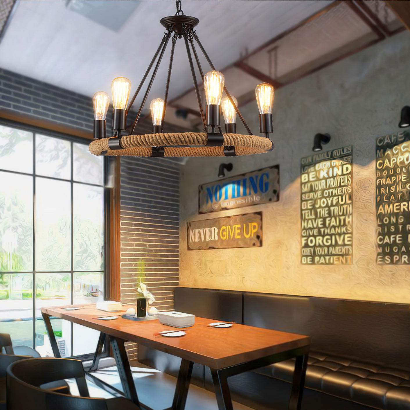 Lustra Chandelier Hemp Rope Industrial Round - Letslighting