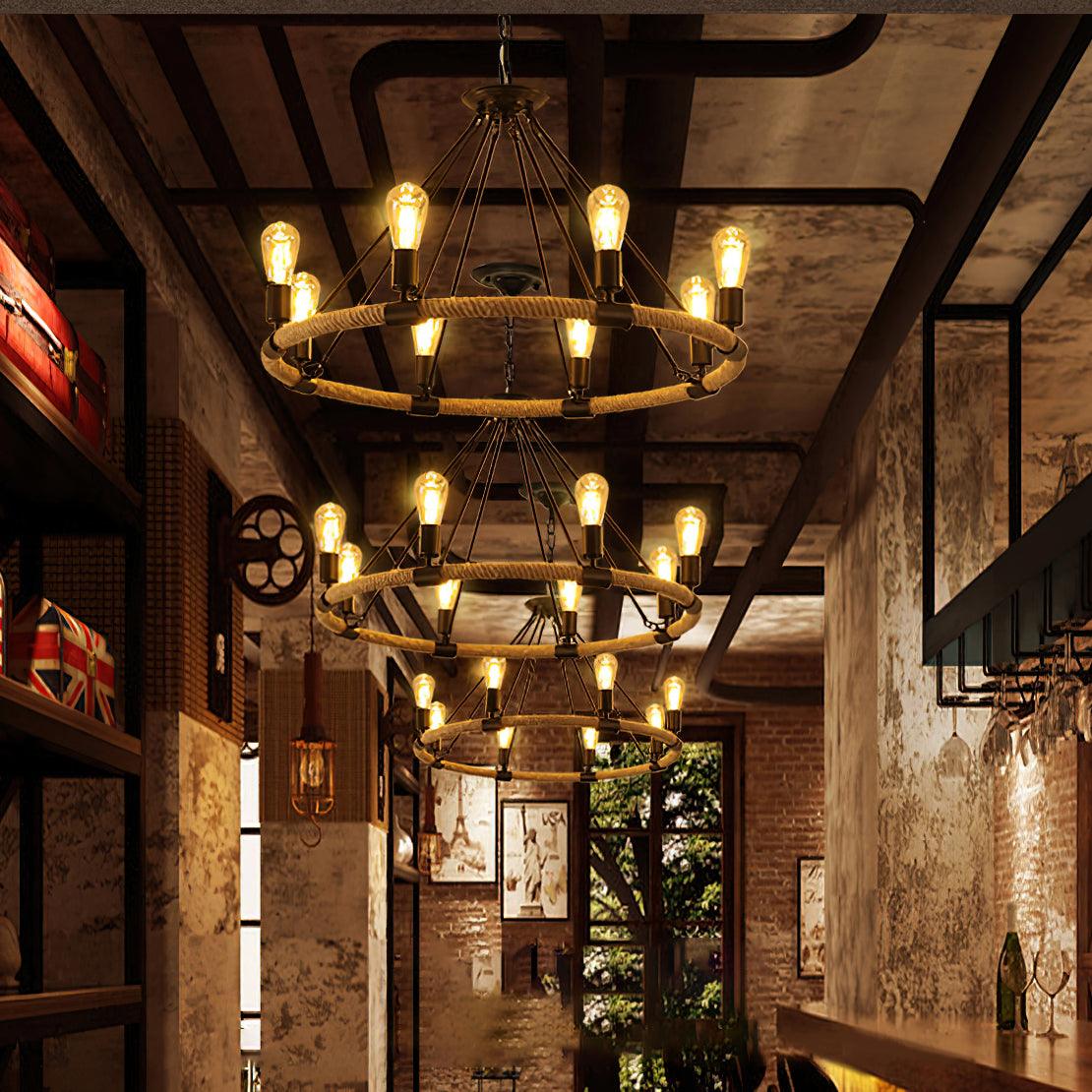 Lustra Chandelier Hemp Rope Industrial Round - Letslighting