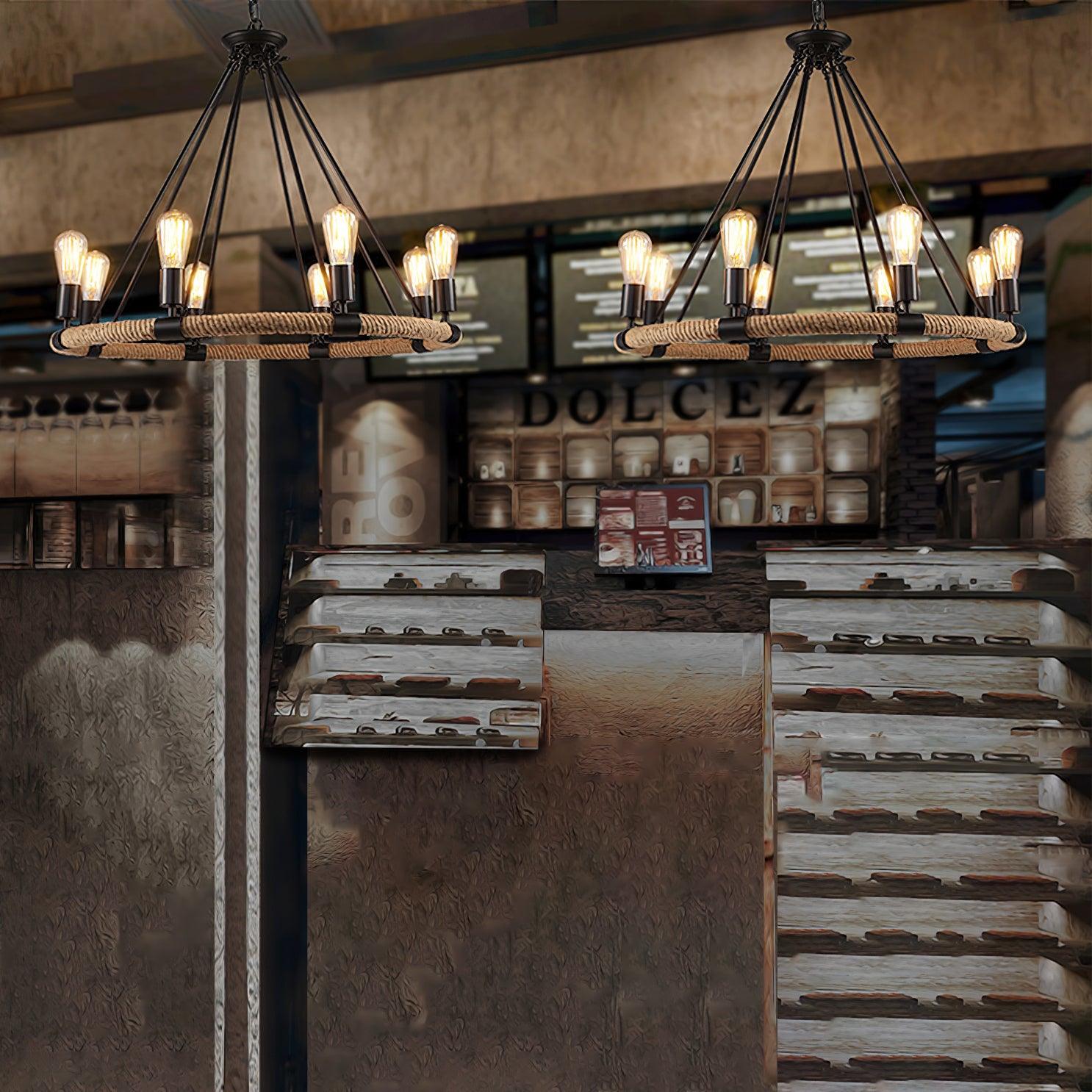 Lustra Chandelier Hemp Rope Industrial Round - Letslighting
