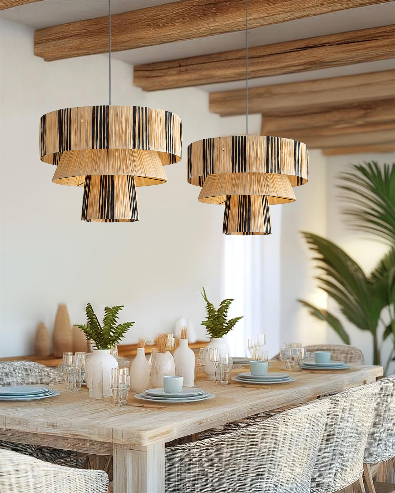 Hiroshi Pendant Lamp Layered Raffia Drum - Letslighting