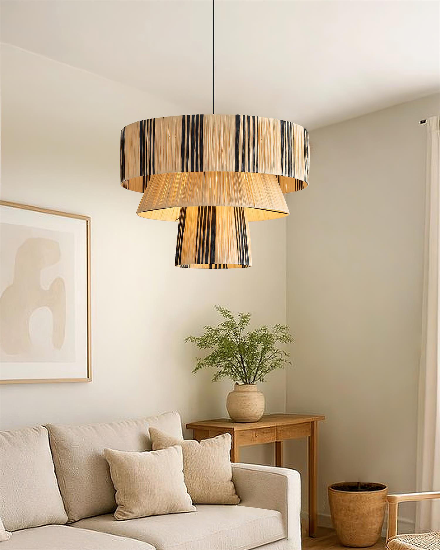 Hiroshi Pendant Lamp Layered Raffia Drum - Letslighting
