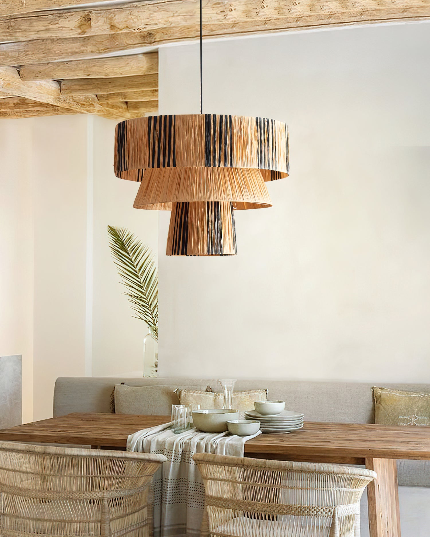 Hiroshi Pendant Lamp Layered Raffia Drum - Letslighting