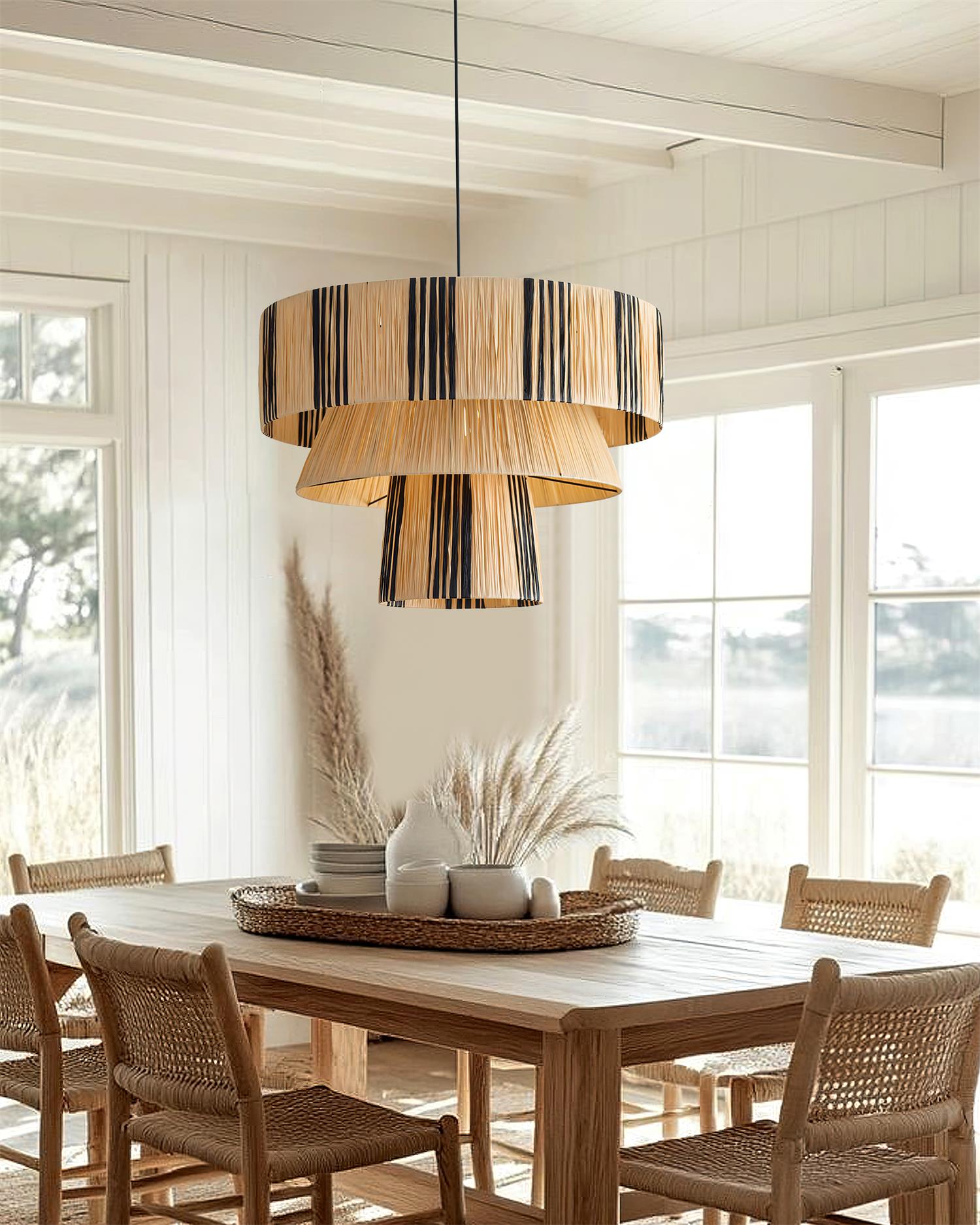 Hiroshi Pendant Lamp Layered Raffia Drum - Letslighting