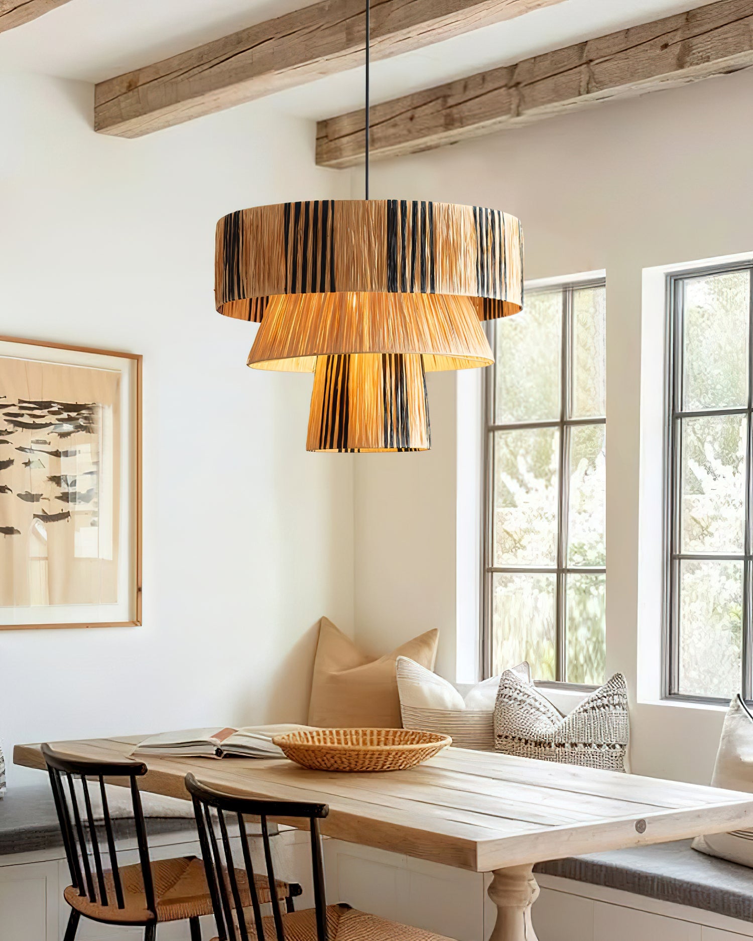 Hiroshi Pendant Lamp Layered Raffia Drum - Letslighting