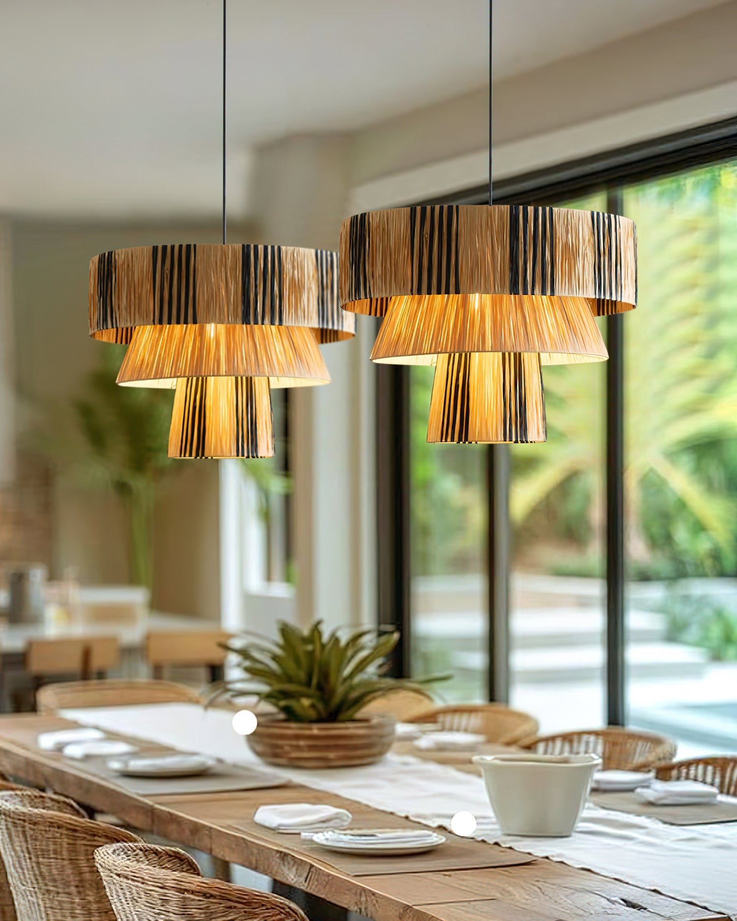 Hiroshi Pendant Lamp Layered Raffia Drum - Letslighting