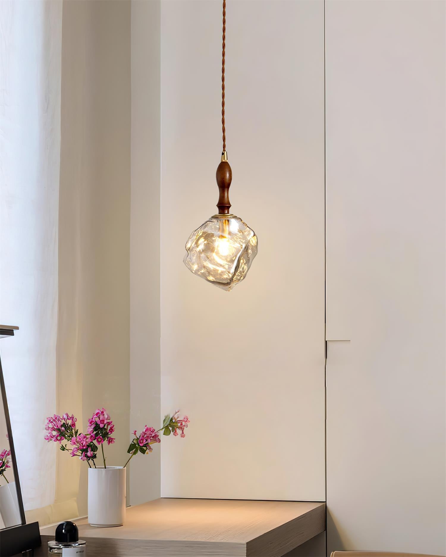 Pendant Lamp Walnut Wood Glass Cube Shade Sculptural Chic - Letslighting