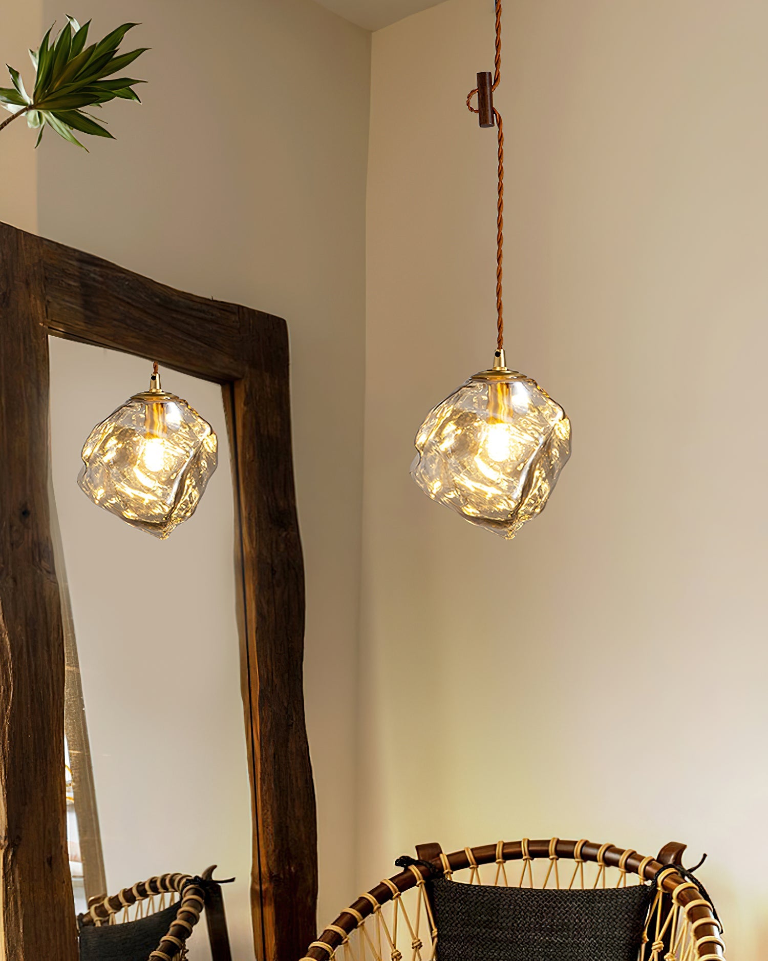 Pendant Lamp Walnut Wood Glass Cube Shade Sculptural Chic - Letslighting