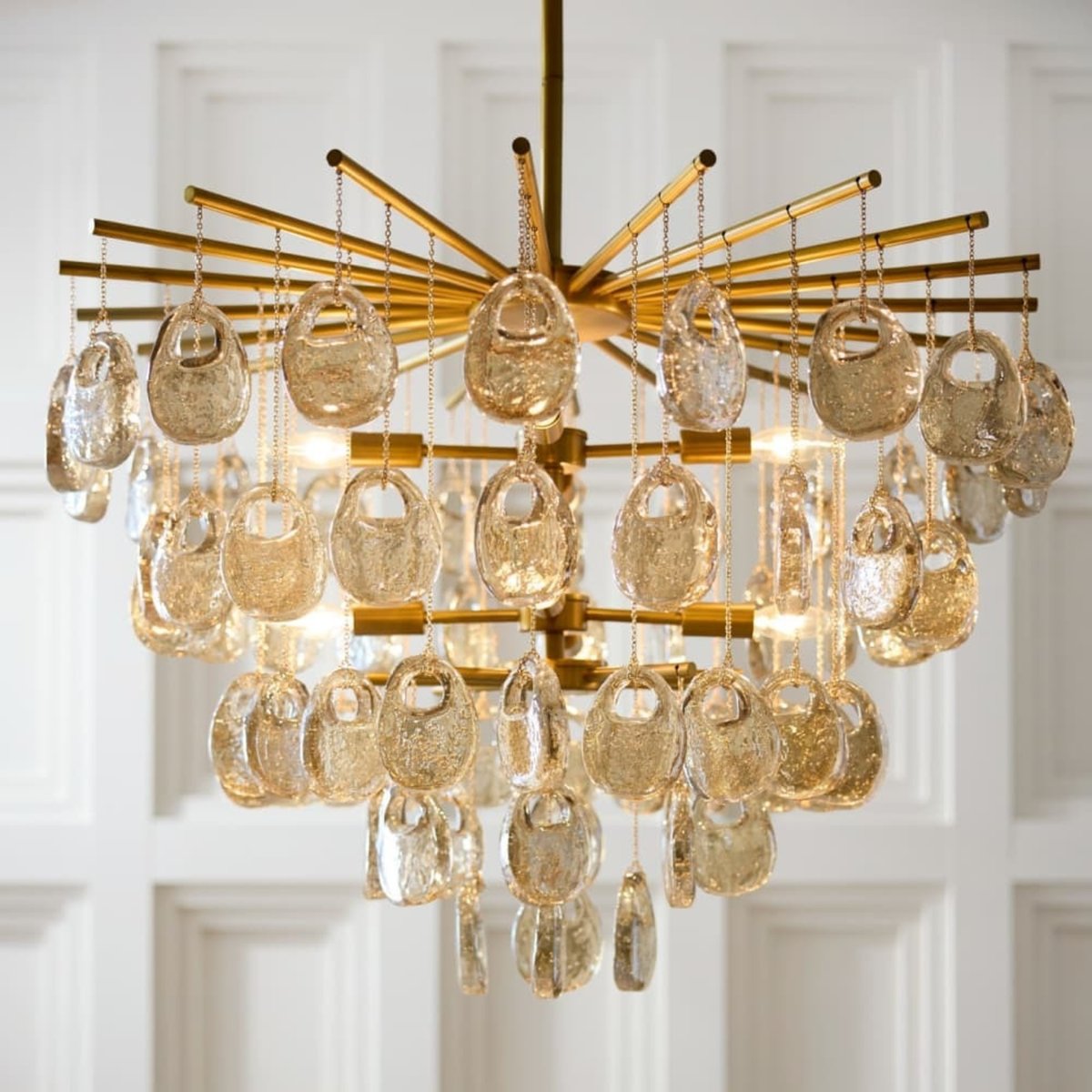 Aurora Chandelier Amber Seedy Glass Drop Antique Brass