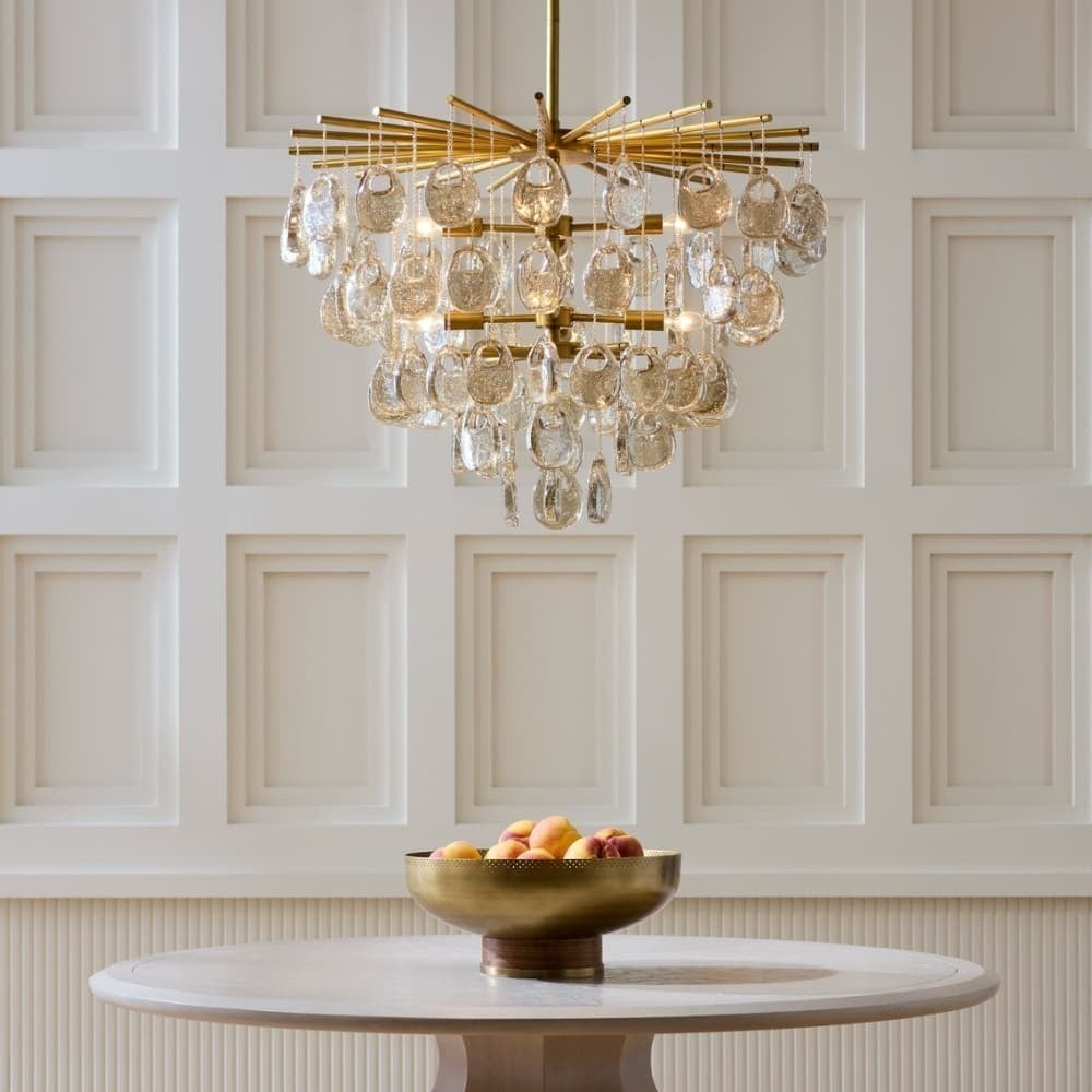 Aurora Chandelier Amber Seedy Glass Drop Antique Brass