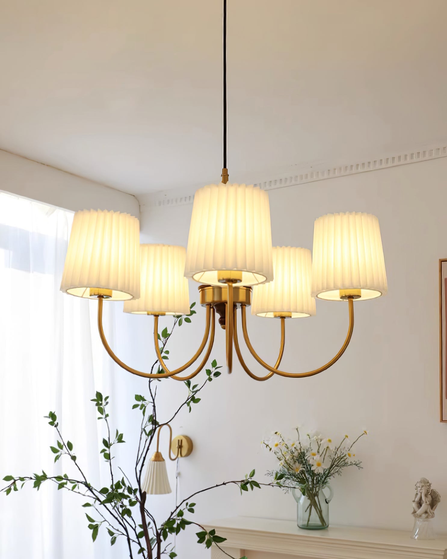 Jeremiah Chandelier Brass White Pleated - Letslighting