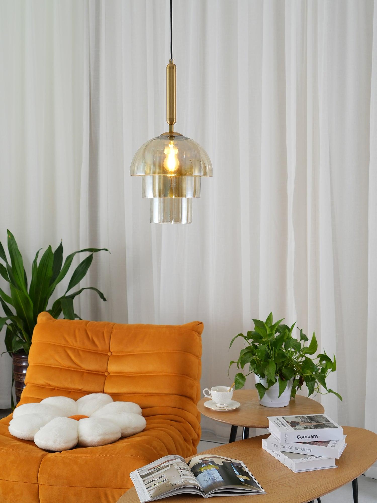 Solara Pendant Lamp Glass Cognac Dome Brass Mid Century - Letslighting