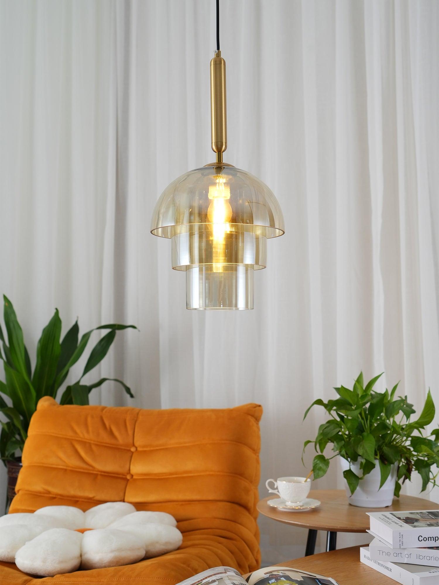 Solara Pendant Lamp Glass Cognac Dome Brass Mid Century - Letslighting