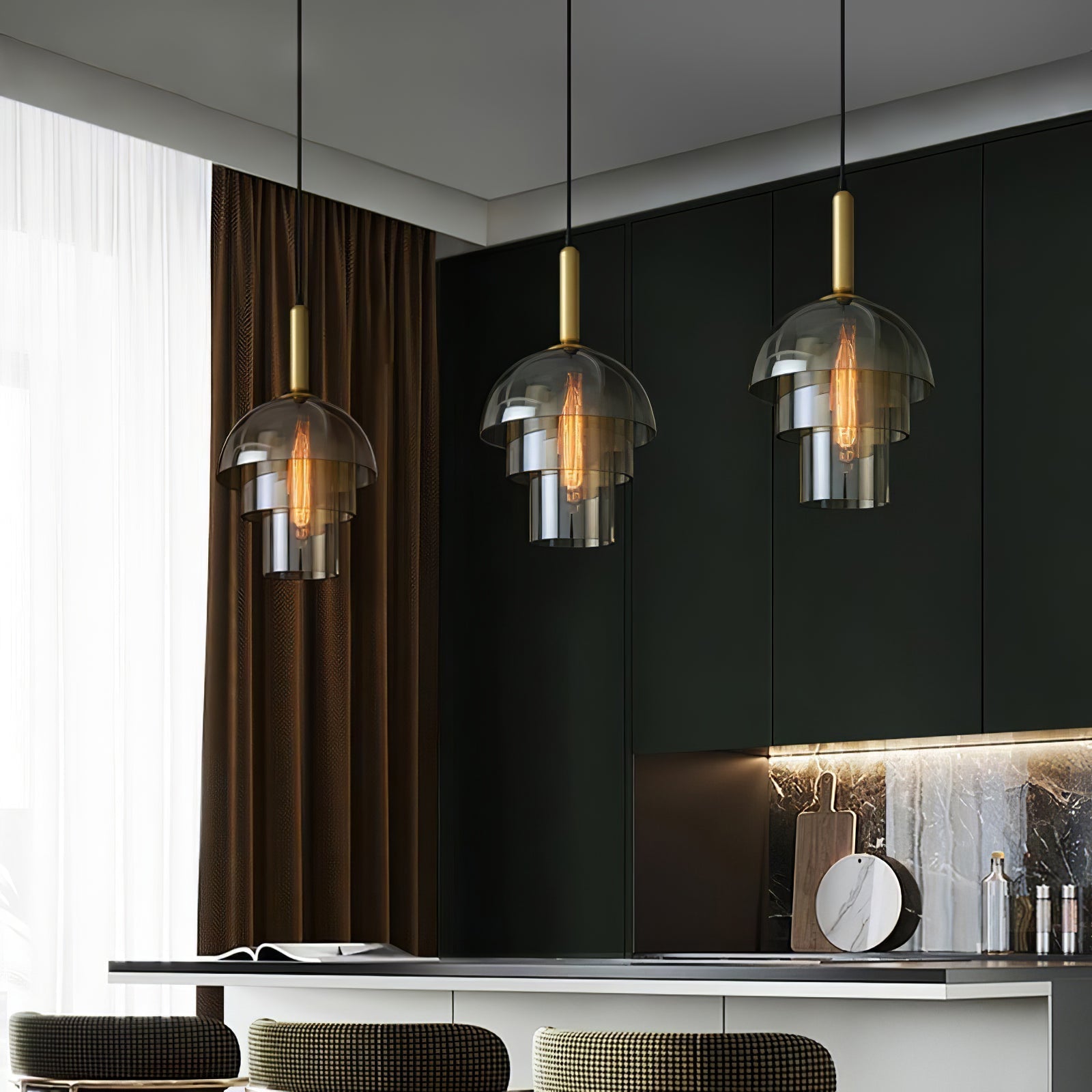 Solara Pendant Lamp Glass Cognac Dome Brass Mid Century - Letslighting