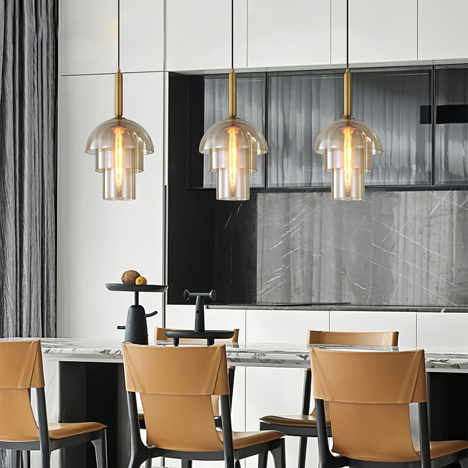 Solara Pendant Lamp Glass Cognac Dome Brass Mid Century - Letslighting