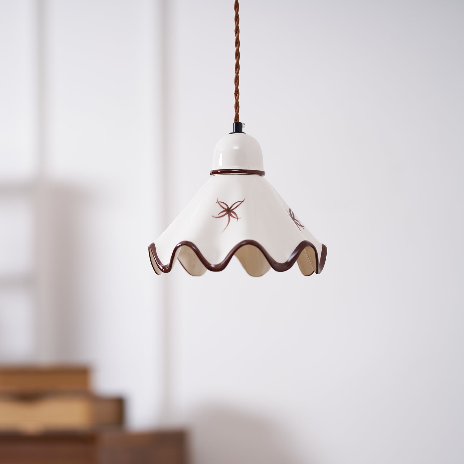 Pendant Lamp Ceramic Wavy Shade Rustic Brown Trim Retro Farmhouse - Letslighting
