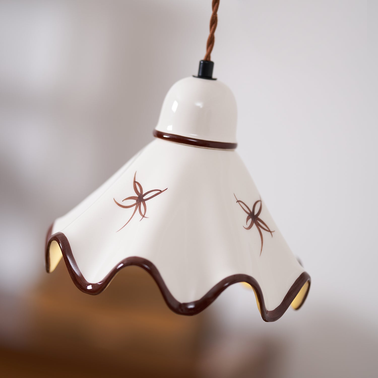 Pendant Lamp Ceramic Wavy Shade Rustic Brown Trim Retro Farmhouse - Letslighting