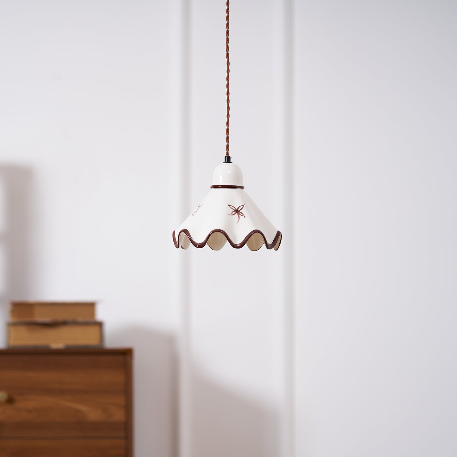 Pendant Lamp Ceramic Wavy Shade Rustic Brown Trim Retro Farmhouse - Letslighting