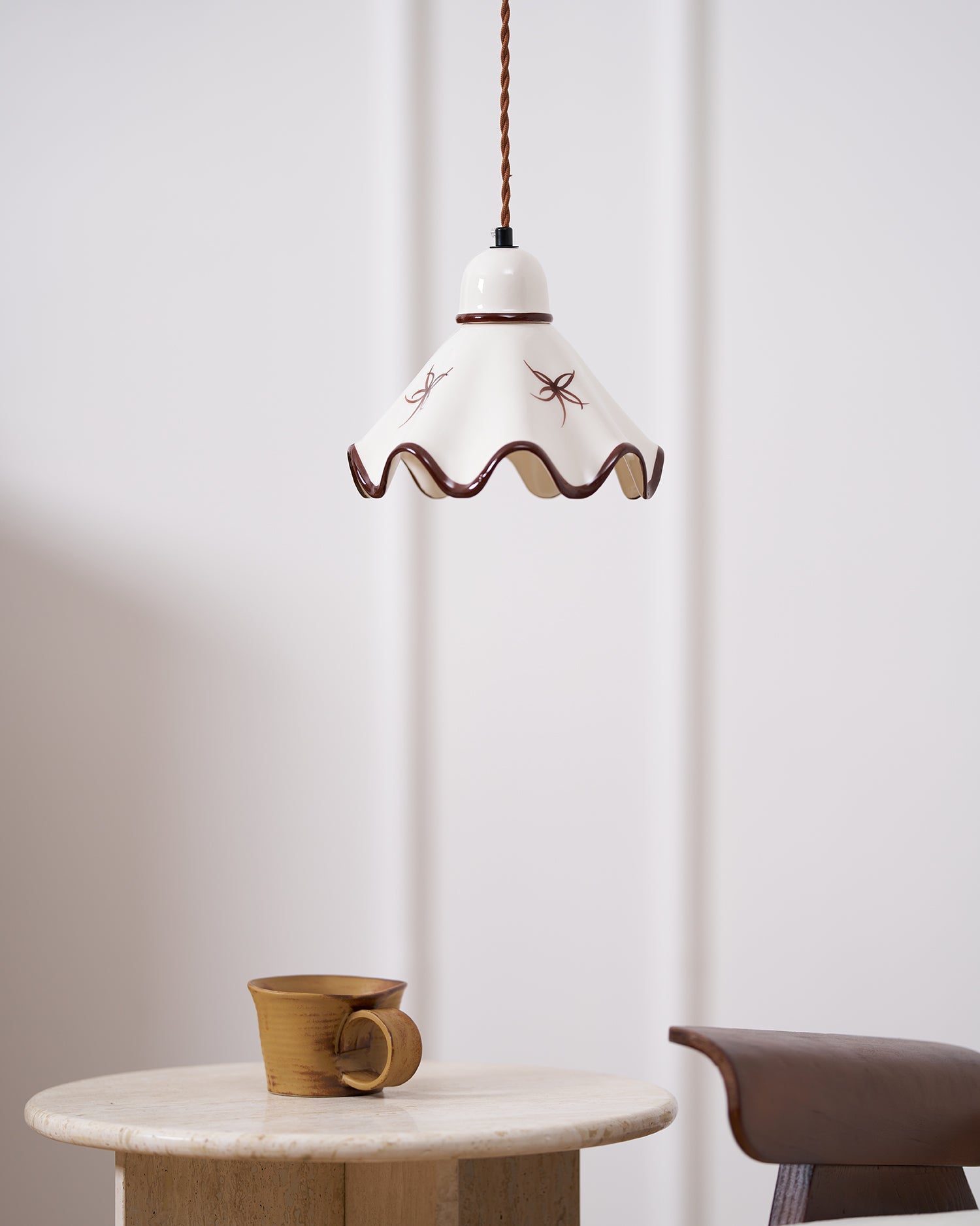 Pendant Lamp Ceramic Wavy Shade Rustic Brown Trim Retro Farmhouse - Letslighting