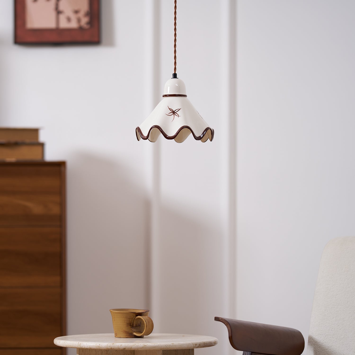 Pendant Lamp Ceramic Wavy Shade Rustic Brown Trim Retro Farmhouse - Letslighting