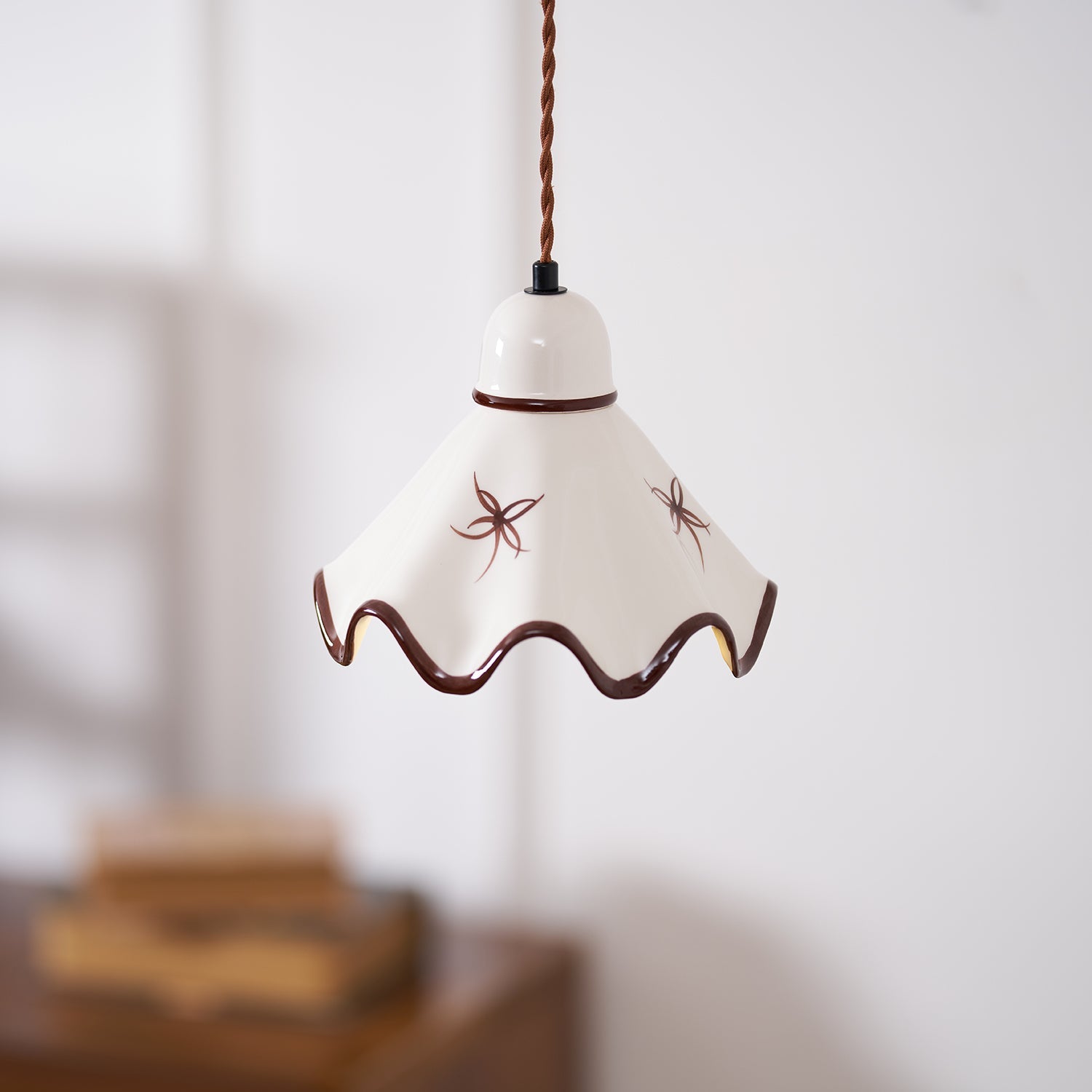 Pendant Lamp Ceramic Wavy Shade Rustic Brown Trim Retro Farmhouse - Letslighting