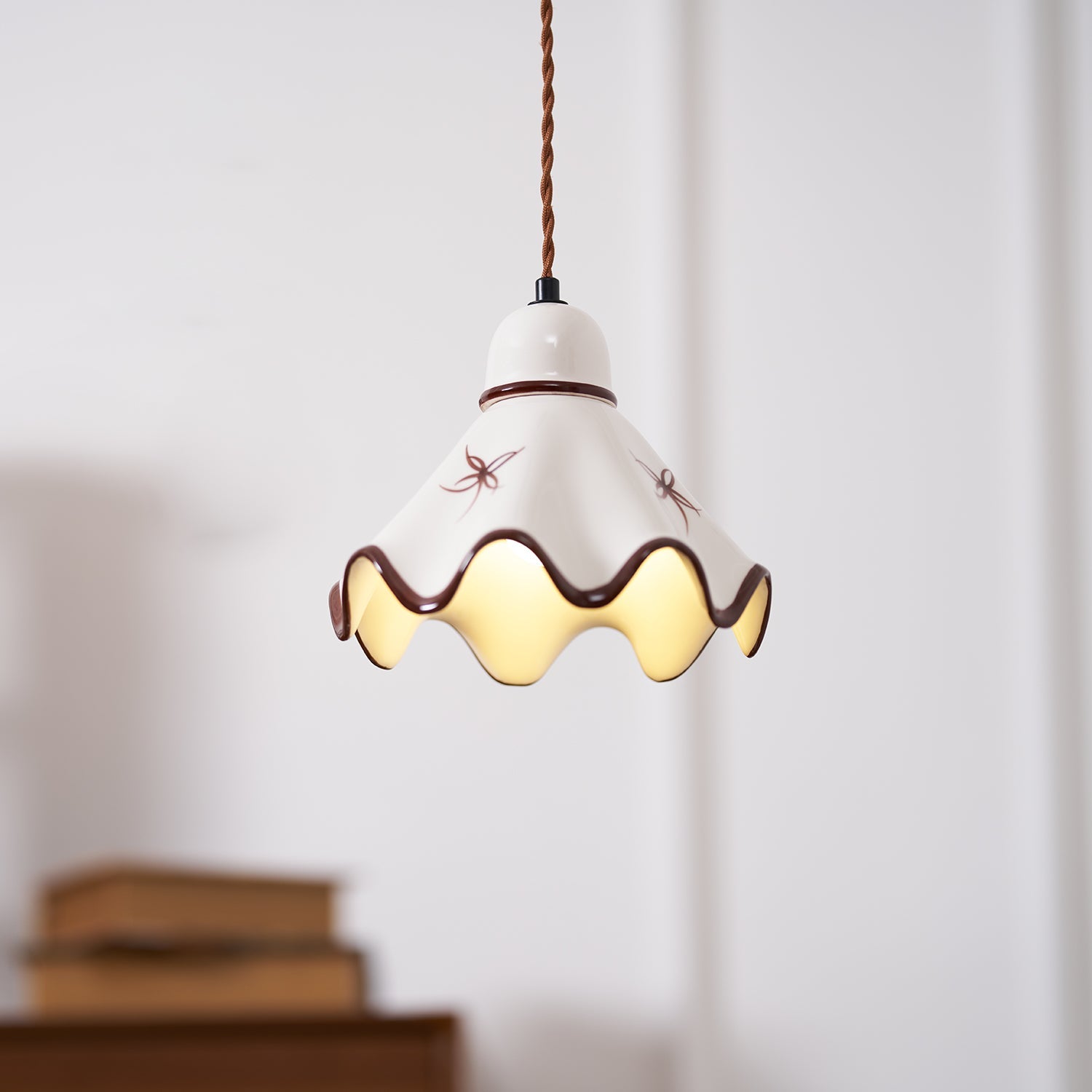 Pendant Lamp Ceramic Wavy Shade Rustic Brown Trim Retro Farmhouse - Letslighting