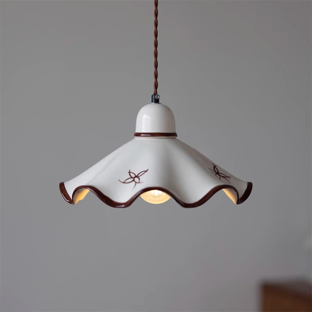 Pendant Lamp Ceramic Wavy Shade Rustic Brown Trim Retro Farmhouse - Letslighting