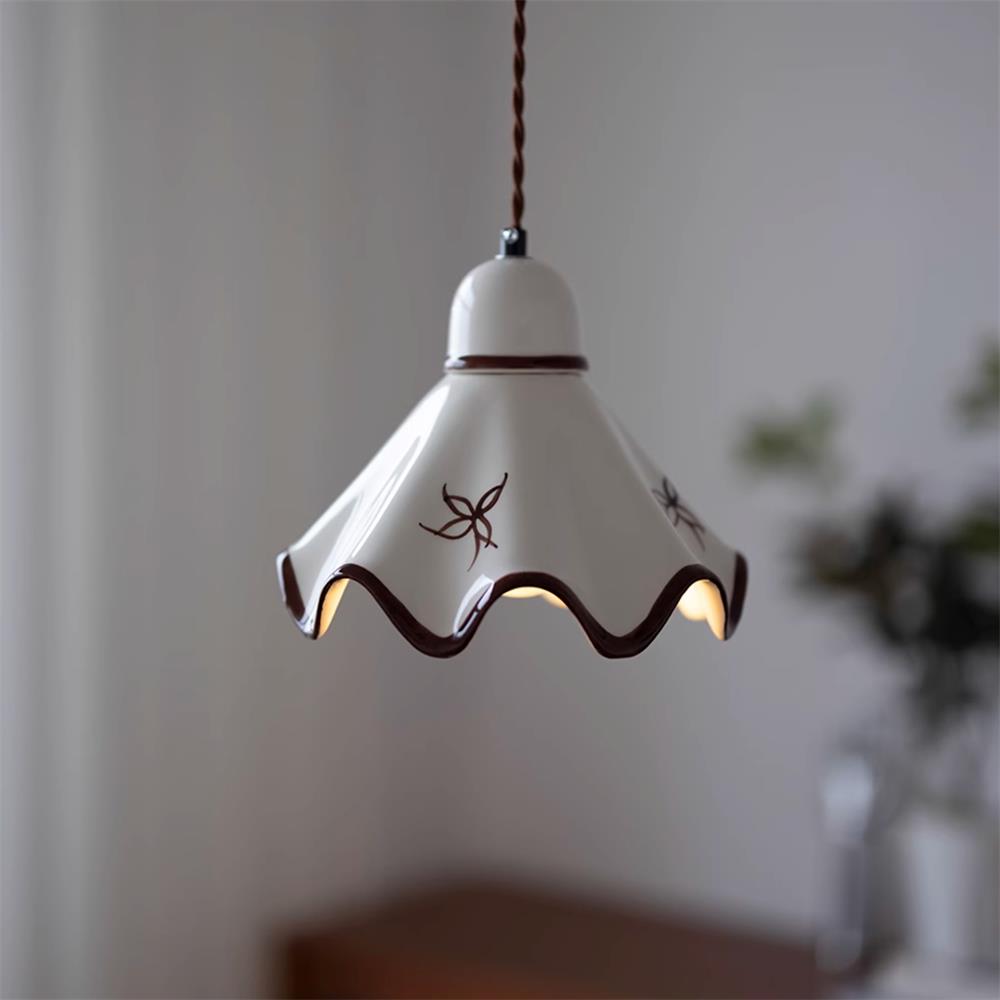 Pendant Lamp Ceramic Wavy Shade Rustic Brown Trim Retro Farmhouse - Letslighting