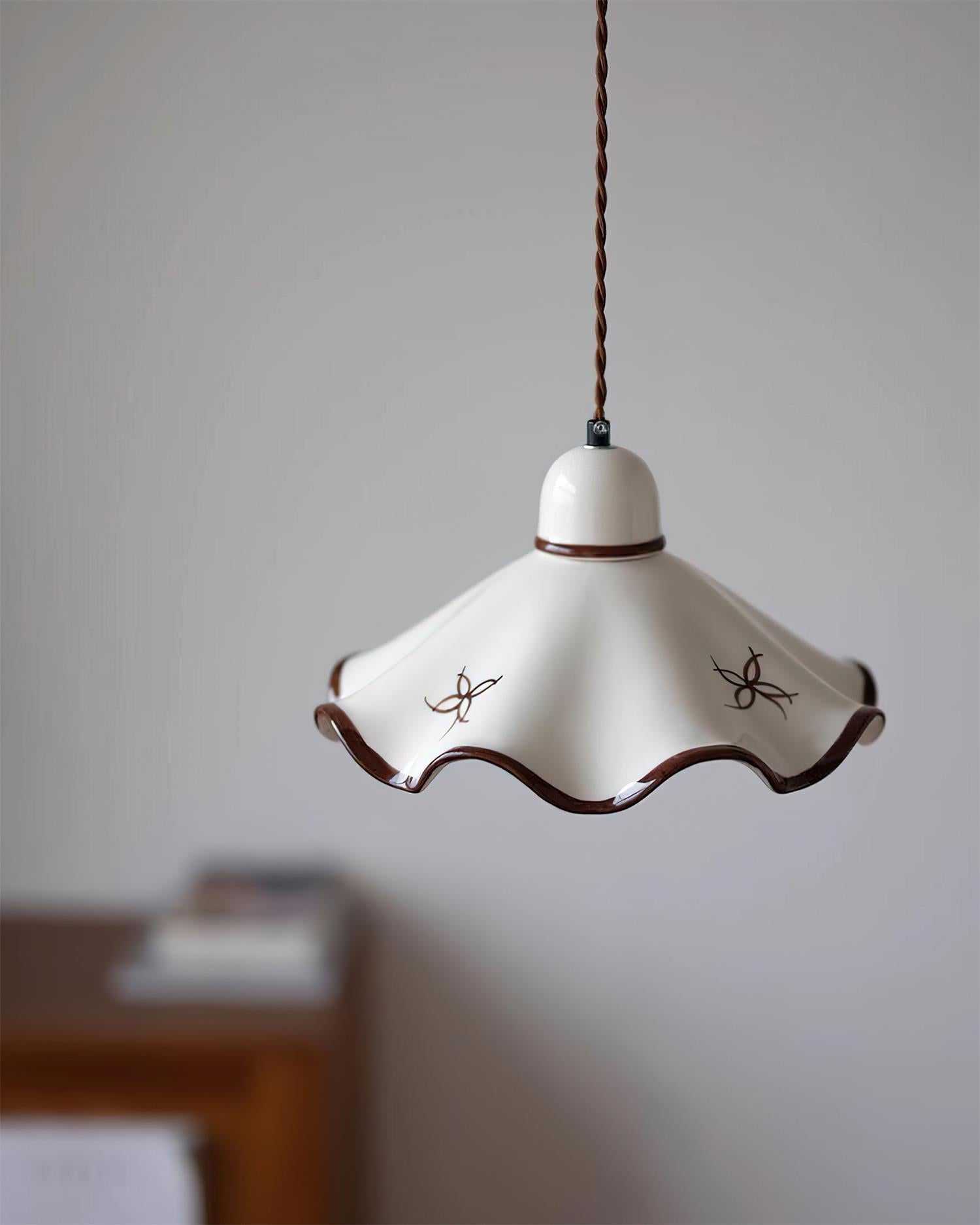 Pendant Lamp Ceramic Wavy Shade Rustic Brown Trim Retro Farmhouse - Letslighting