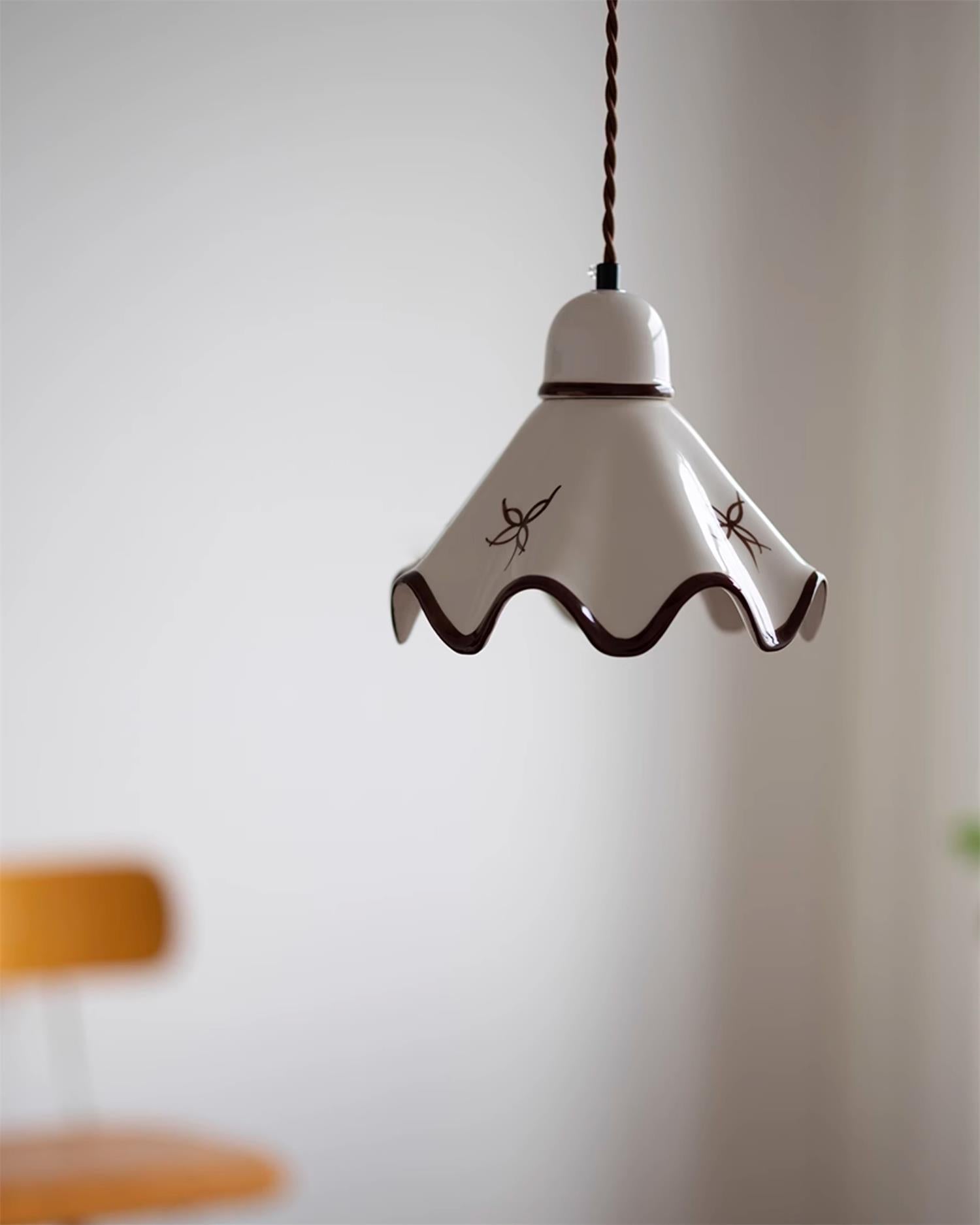 Pendant Lamp Ceramic Wavy Shade Rustic Brown Trim Retro Farmhouse - Letslighting