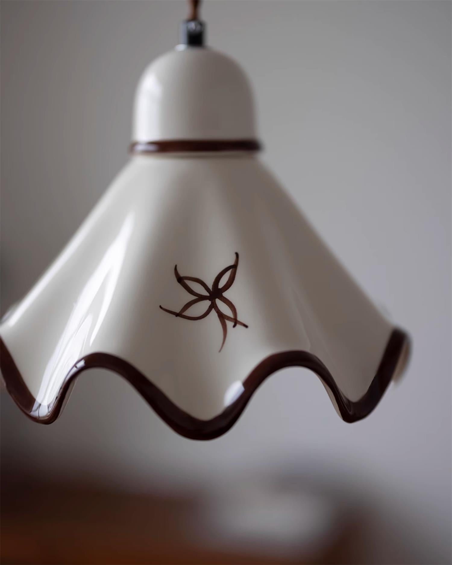 Pendant Lamp Ceramic Wavy Shade Rustic Brown Trim Retro Farmhouse - Letslighting