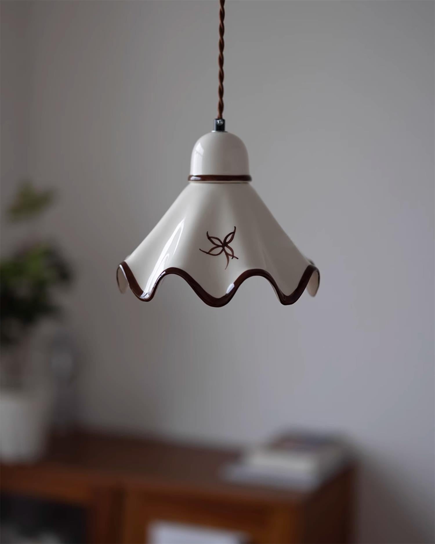 Pendant Lamp Ceramic Wavy Shade Rustic Brown Trim Retro Farmhouse - Letslighting