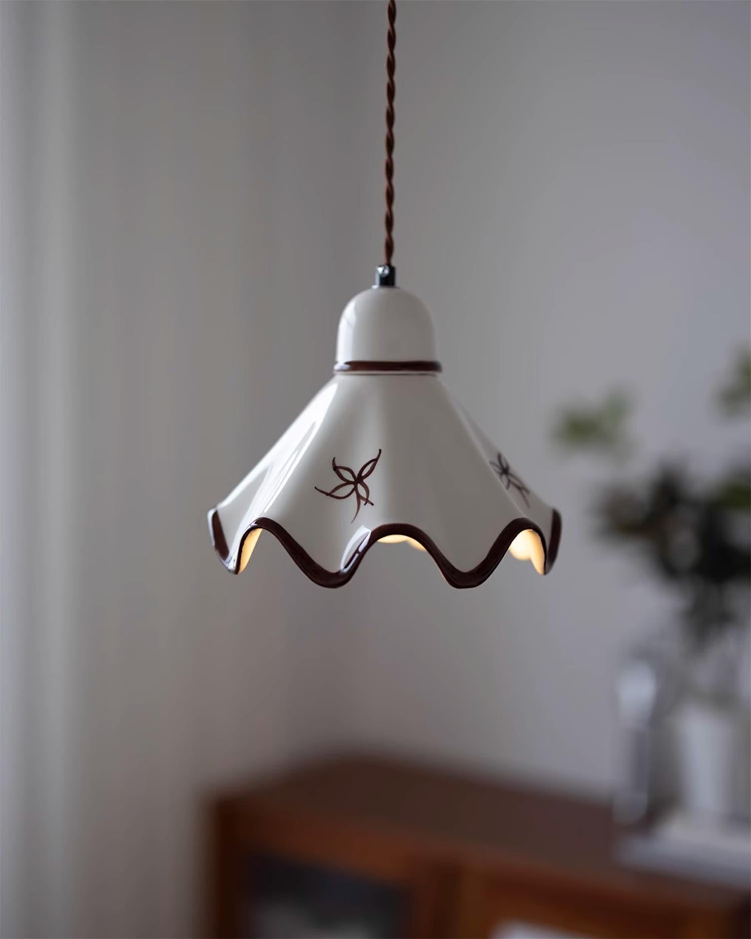 Pendant Lamp Ceramic Wavy Shade Rustic Brown Trim Retro Farmhouse - Letslighting