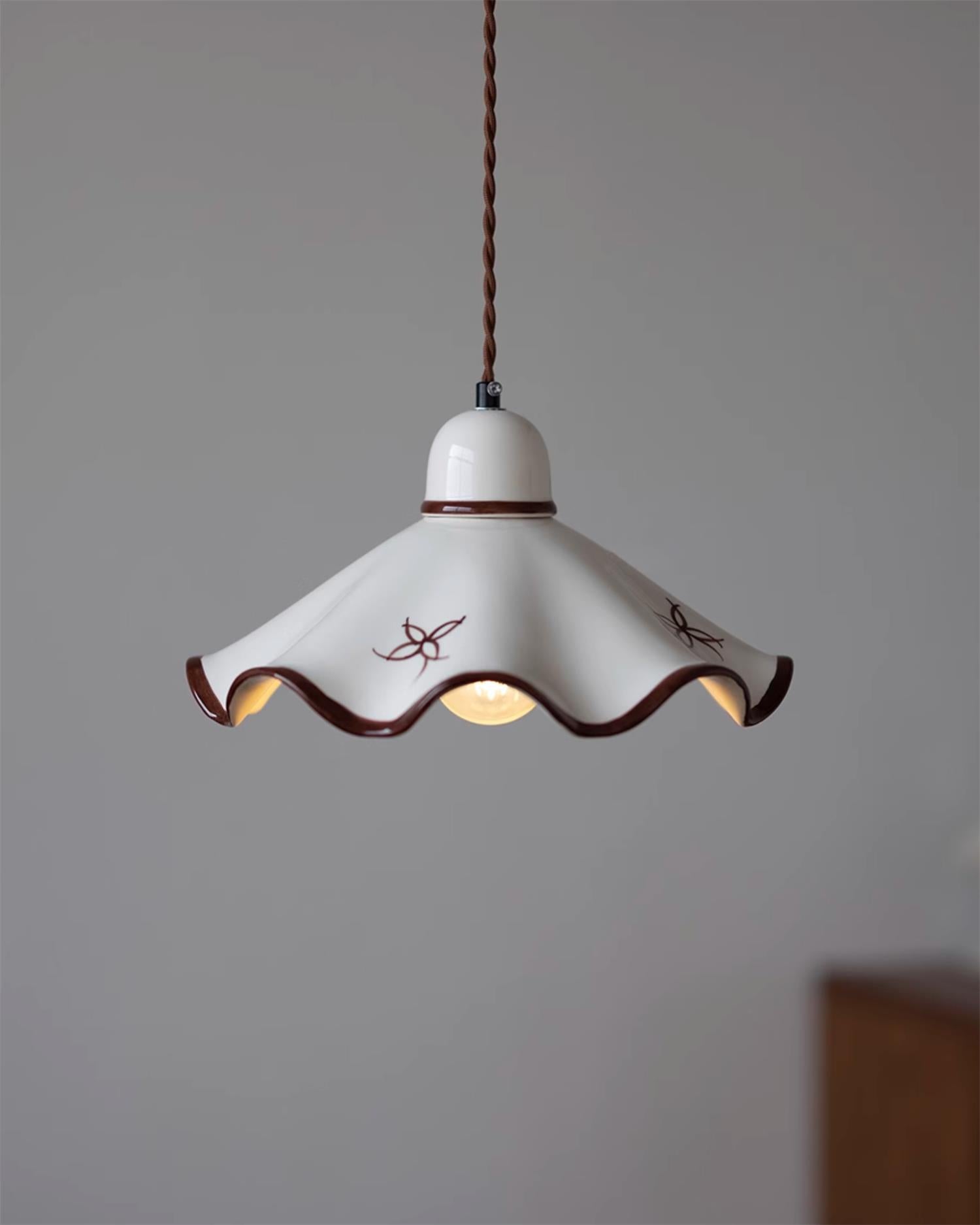 Pendant Lamp Ceramic Wavy Shade Rustic Brown Trim Retro Farmhouse - Letslighting