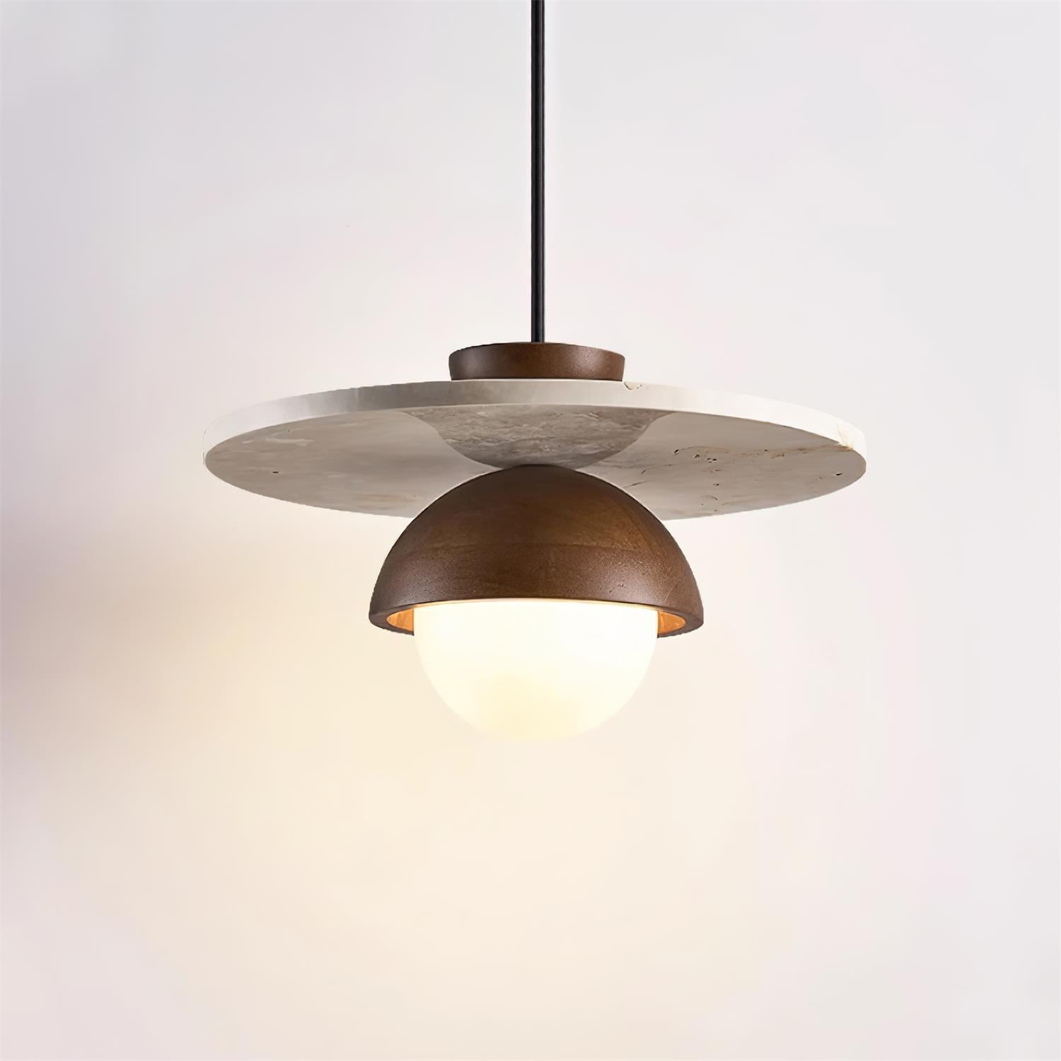 Pendant Lamp Glass Globe Travertine Disc Walnut Wood Natural - Letslighting