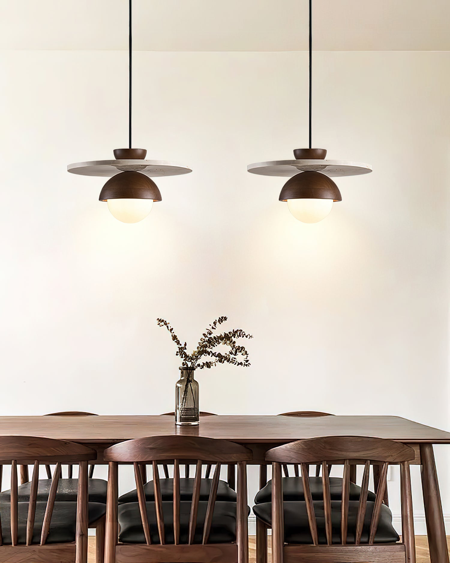 Pendant Lamp Glass Globe Travertine Disc Walnut Wood Natural - Letslighting