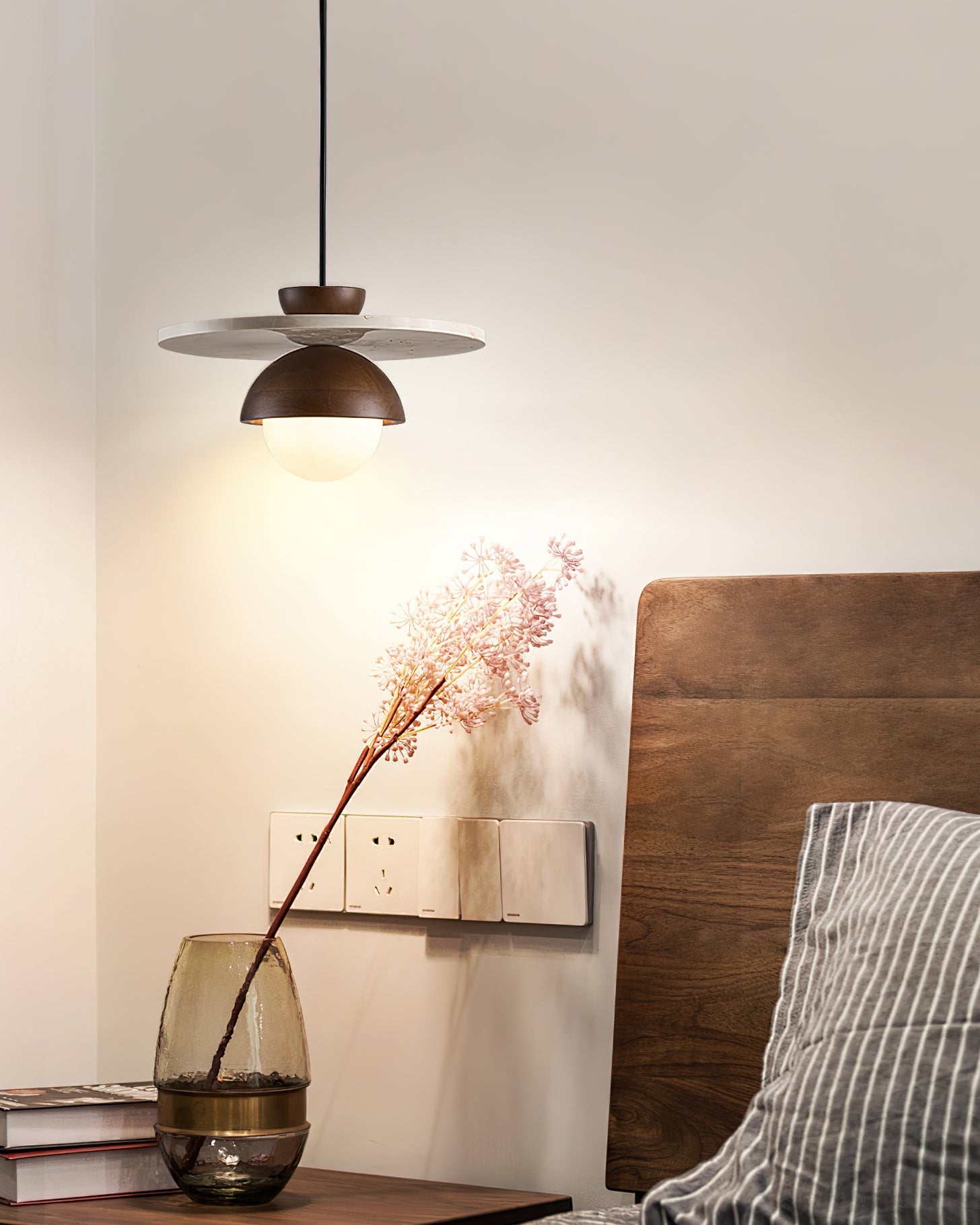 Pendant Lamp Glass Globe Travertine Disc Walnut Wood Natural - Letslighting