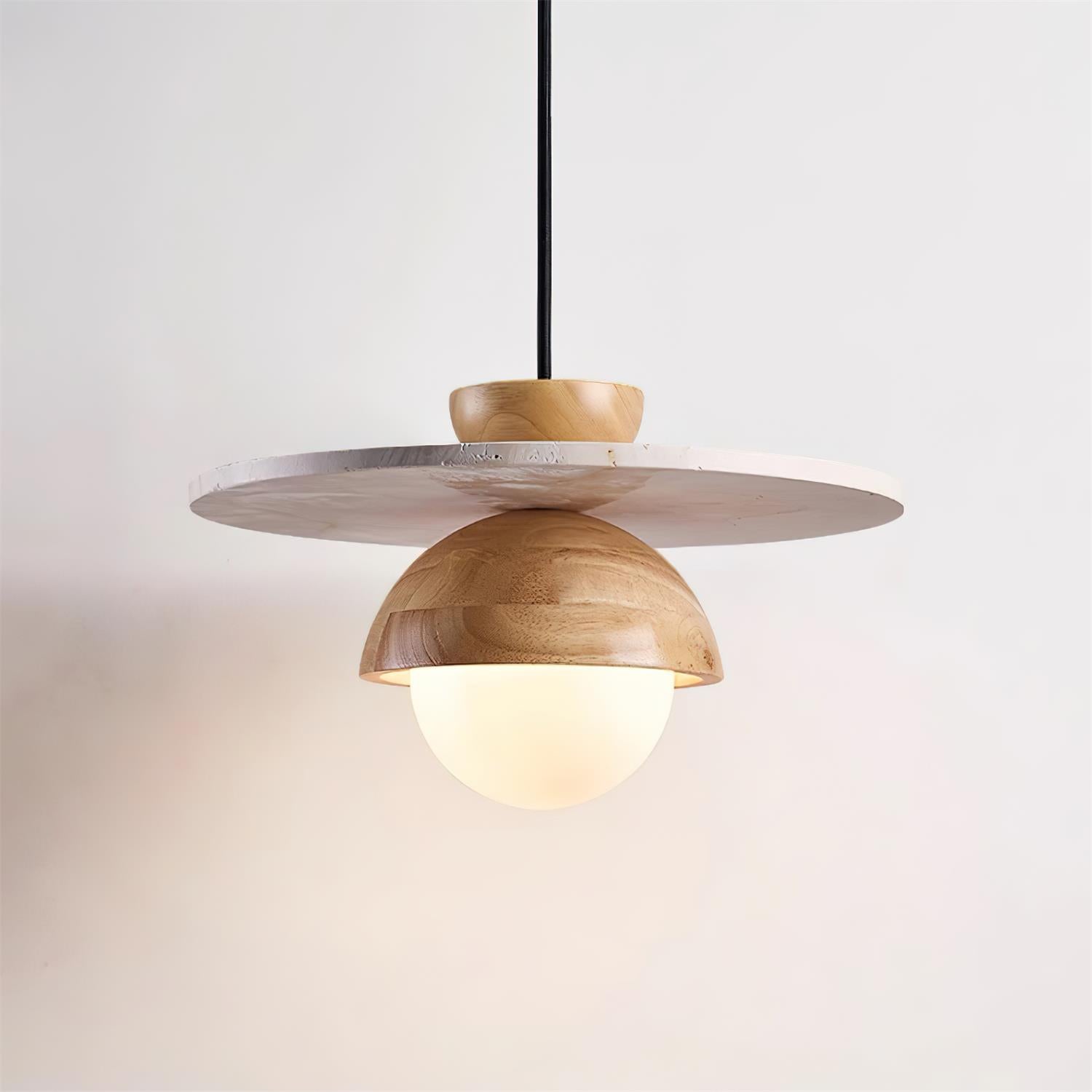 Pendant Lamp Glass Globe Travertine Disc Walnut Wood Natural - Letslighting
