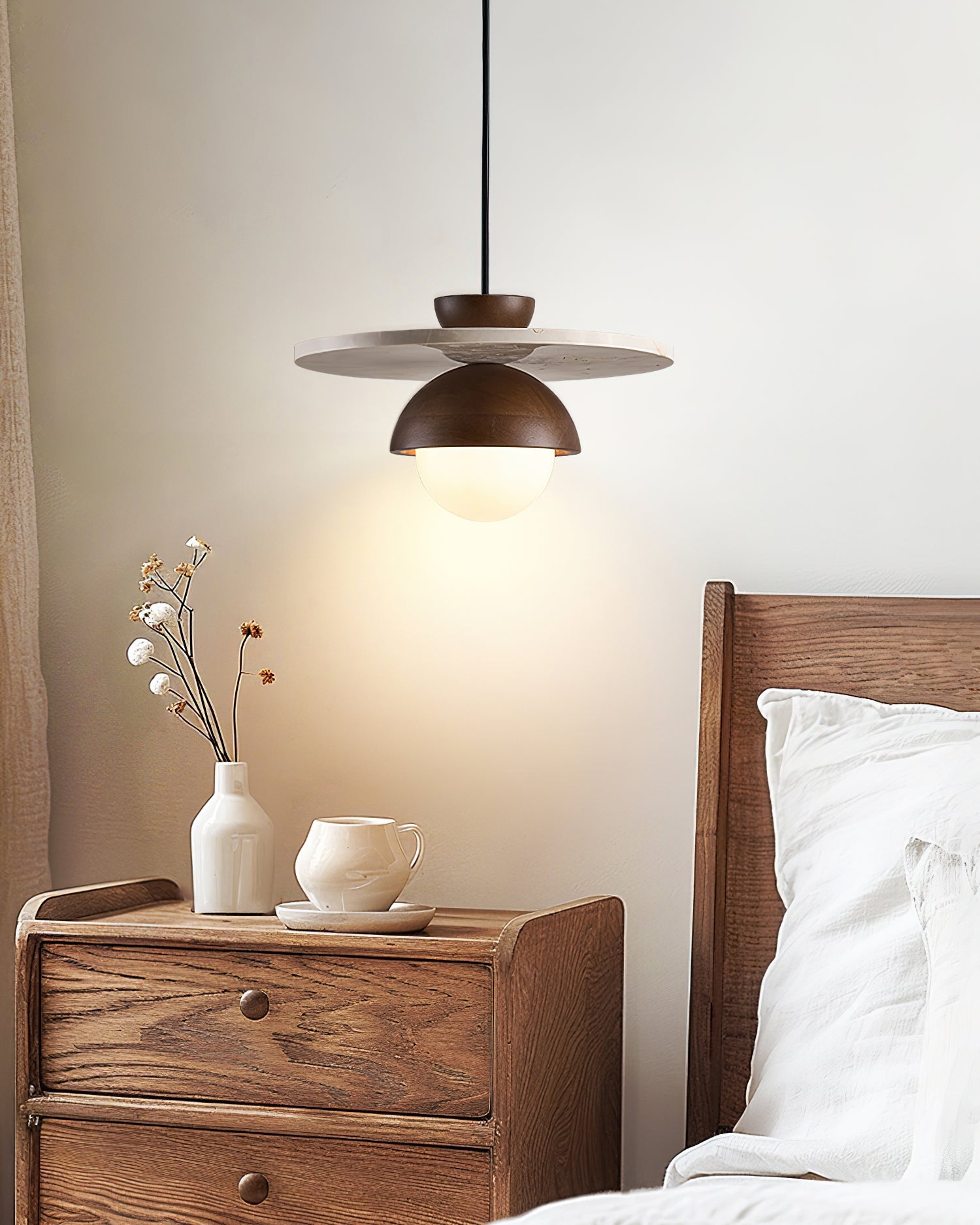 Pendant Lamp Glass Globe Travertine Disc Walnut Wood Natural - Letslighting