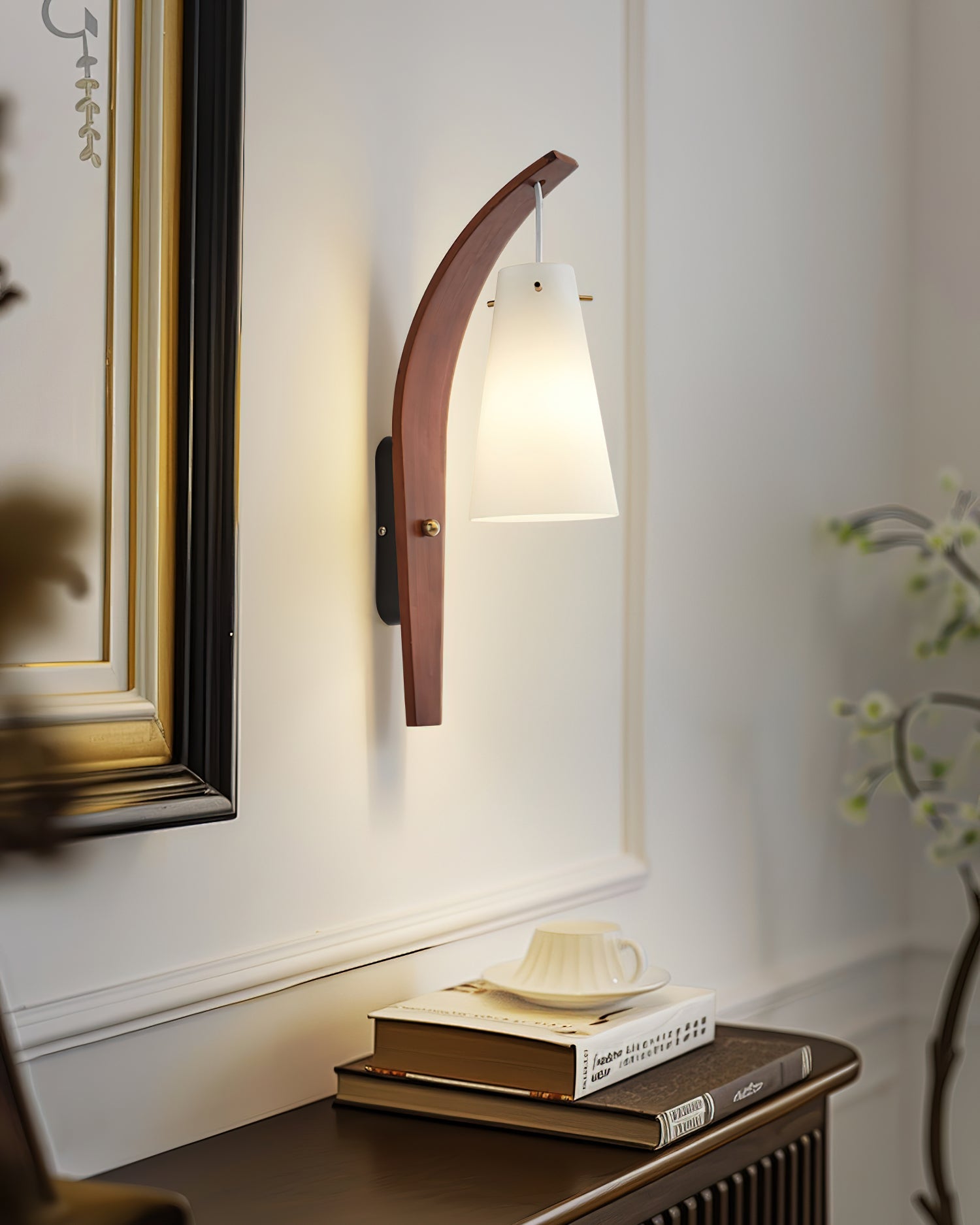 Karo Wall Lamp Curved Wooden Arm Frosted Glass - Letslighting