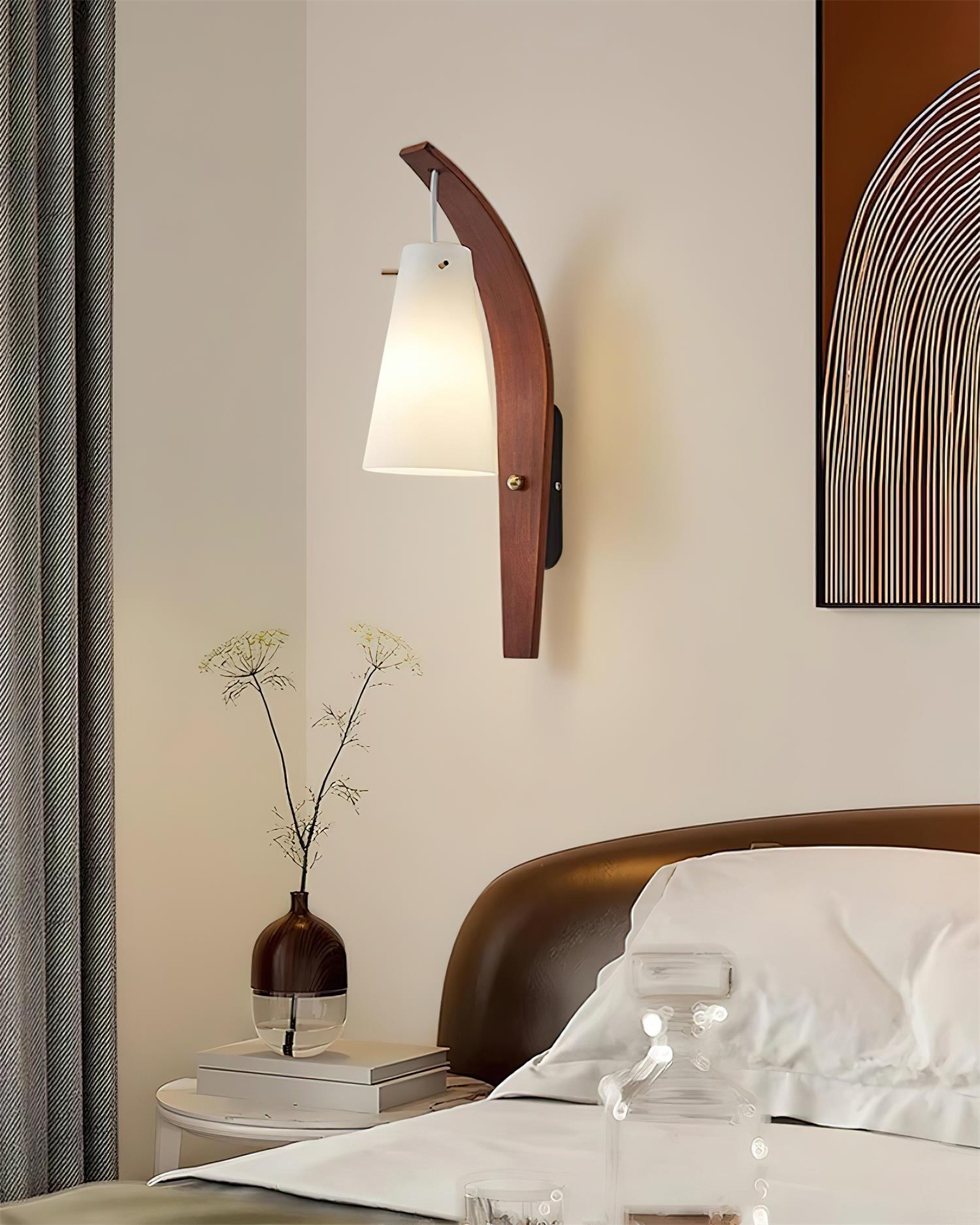 Karo Wall Lamp Curved Wooden Arm Frosted Glass - Letslighting