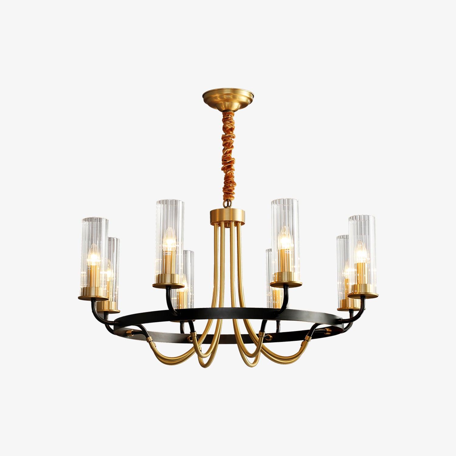 Chandelier Black Round Frame Brass Arms Ribbed Glass - Letslighting