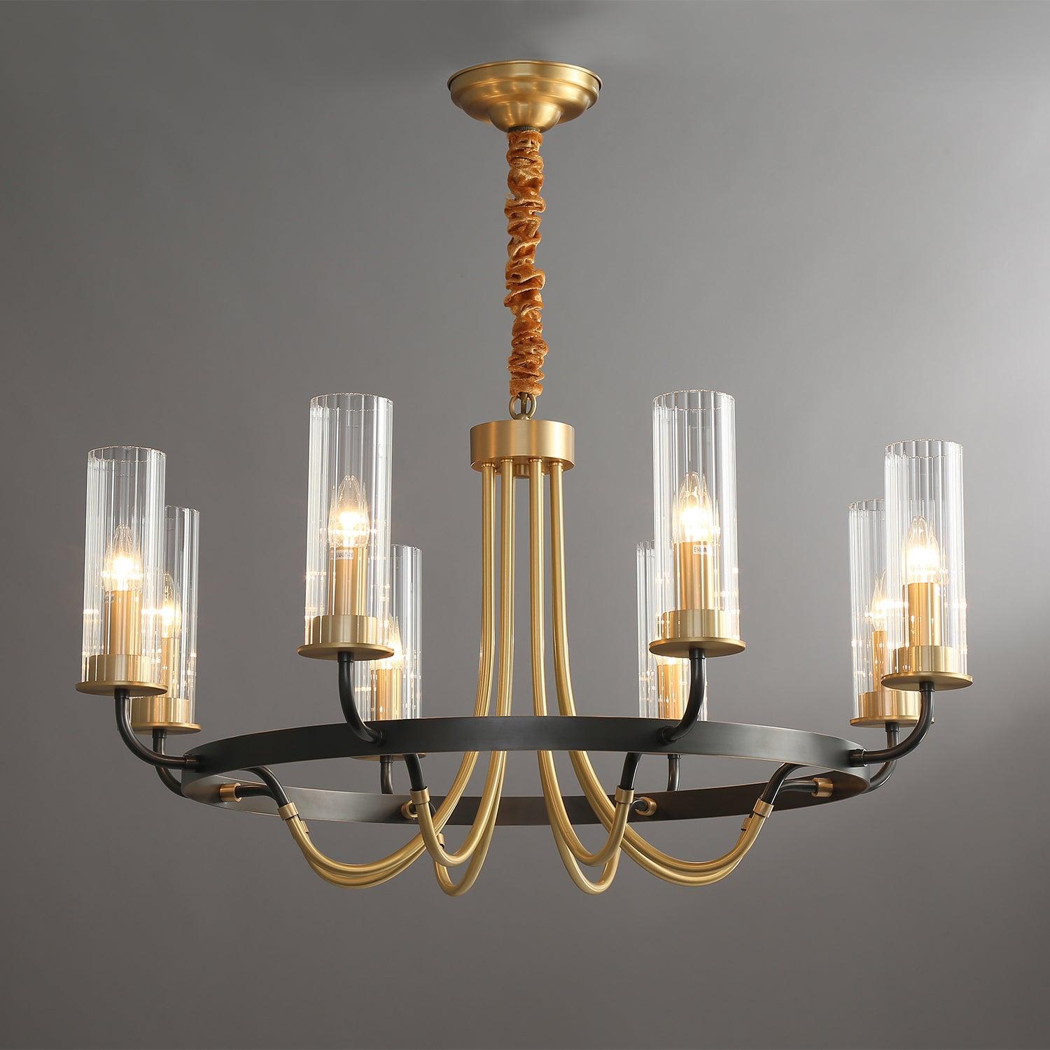 Chandelier Black Round Frame Brass Arms Ribbed Glass - Letslighting
