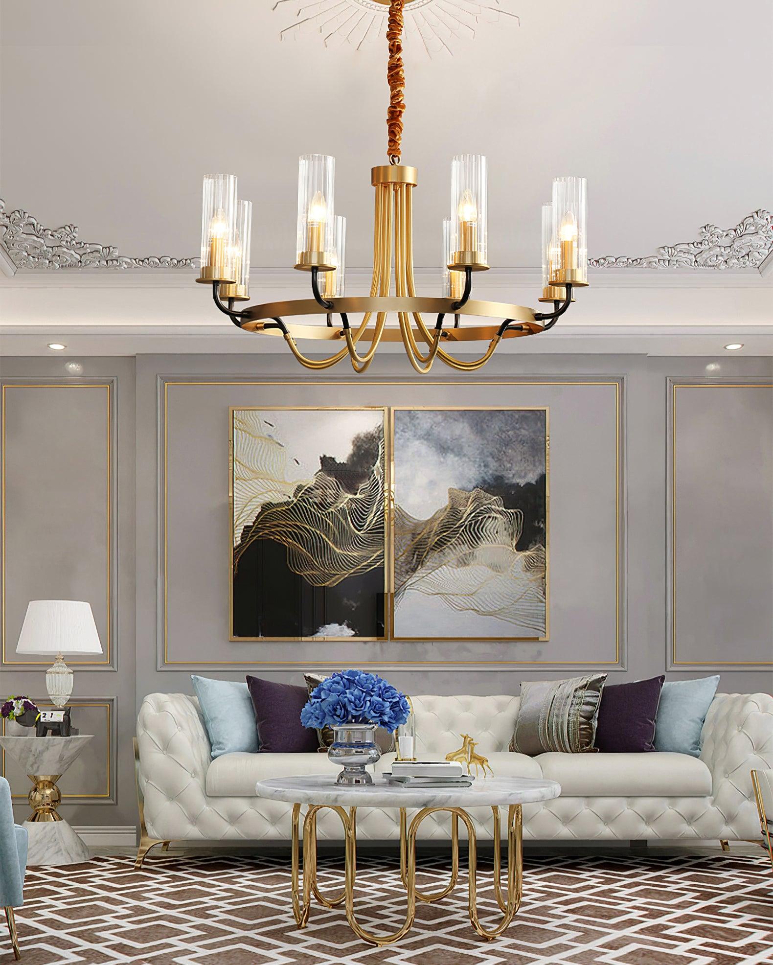 Chandelier Black Round Frame Brass Arms Ribbed Glass - Letslighting