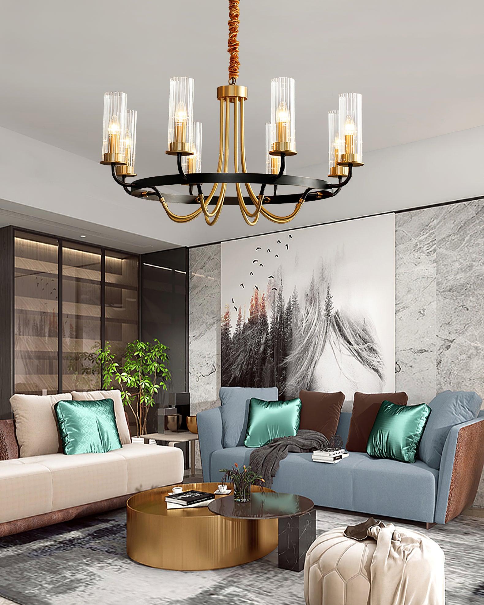 Chandelier Black Round Frame Brass Arms Ribbed Glass - Letslighting