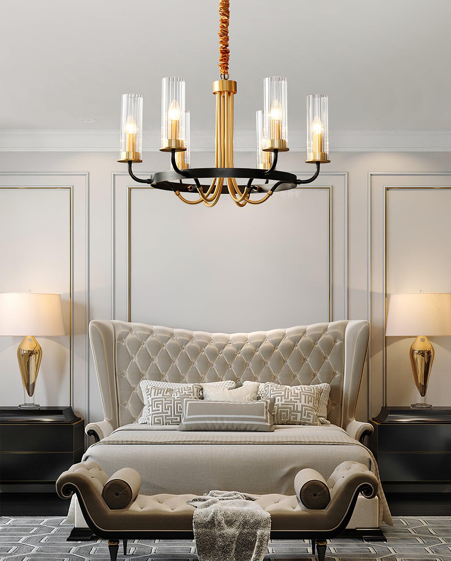 Chandelier Black Round Frame Brass Arms Ribbed Glass - Letslighting
