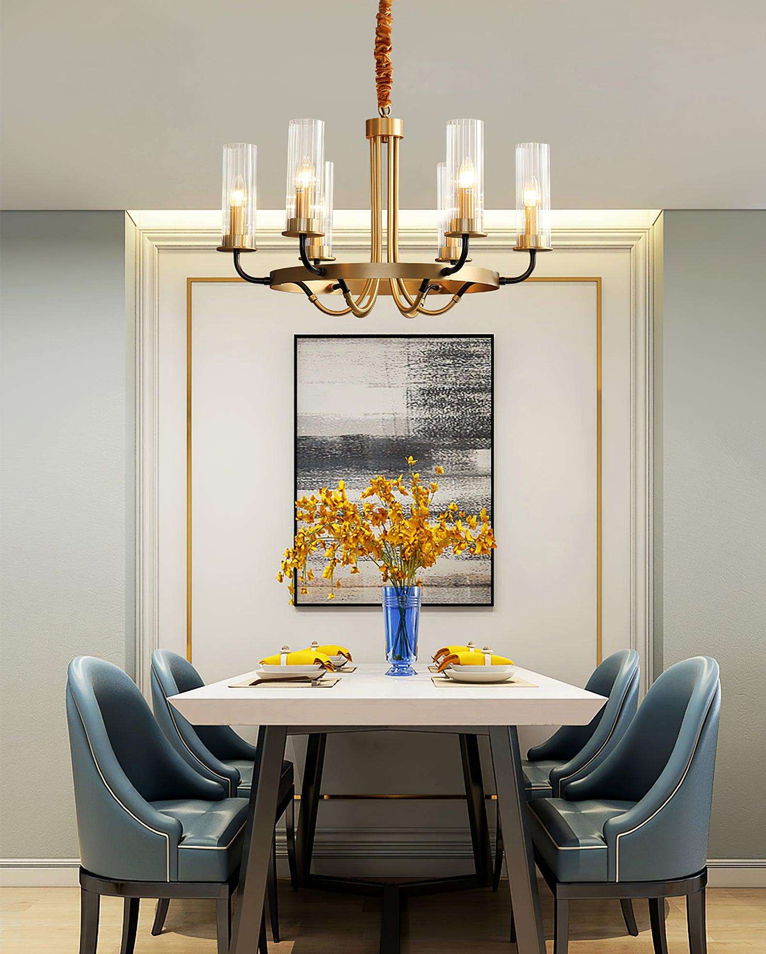 Chandelier Black Round Frame Brass Arms Ribbed Glass - Letslighting