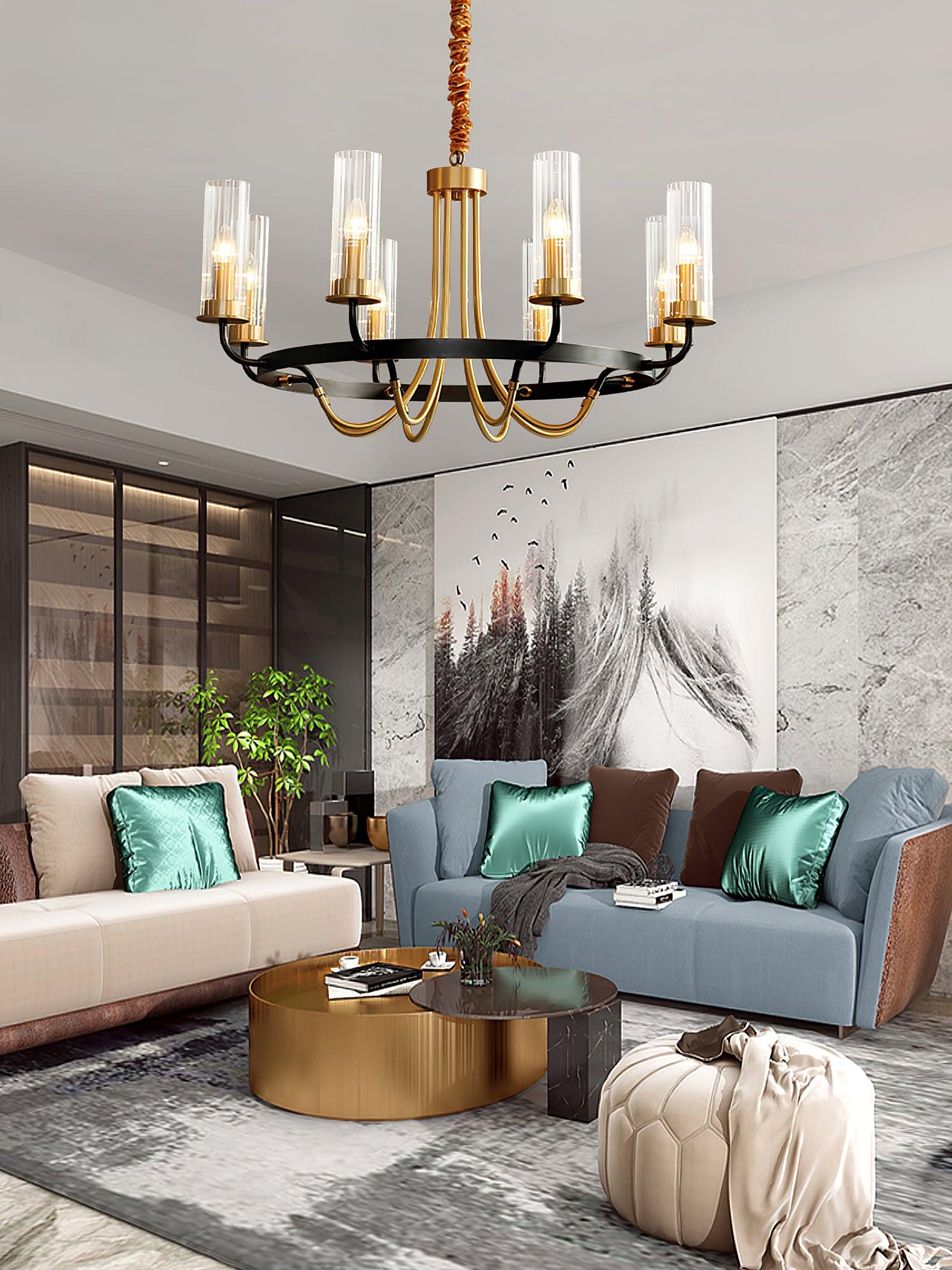 Chandelier Black Round Frame Brass Arms Ribbed Glass - Letslighting