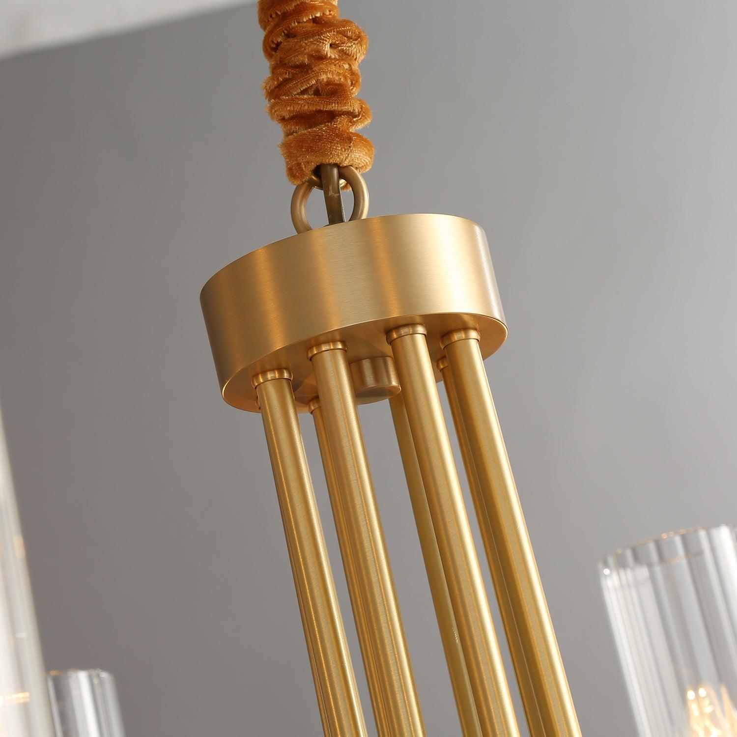 Chandelier Black Round Frame Brass Arms Ribbed Glass - Letslighting