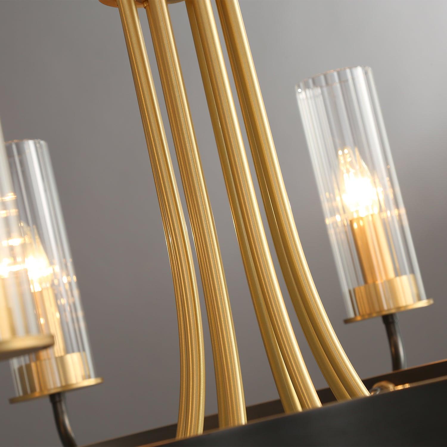 Chandelier Black Round Frame Brass Arms Ribbed Glass - Letslighting