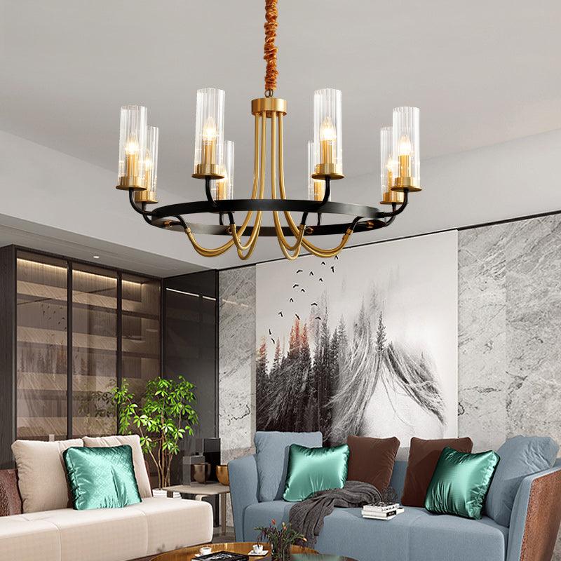 Chandelier Black Round Frame Brass Arms Ribbed Glass - Letslighting